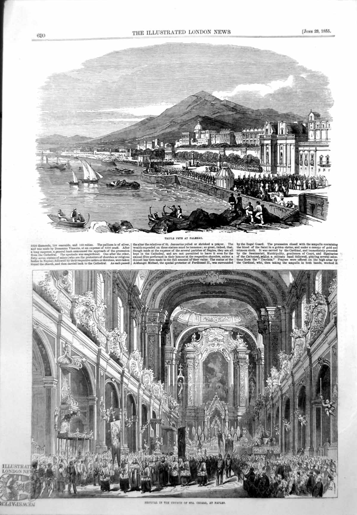 Original Old Antique Print Fete Palermo Festival Church Sta Chiara Naples 1855