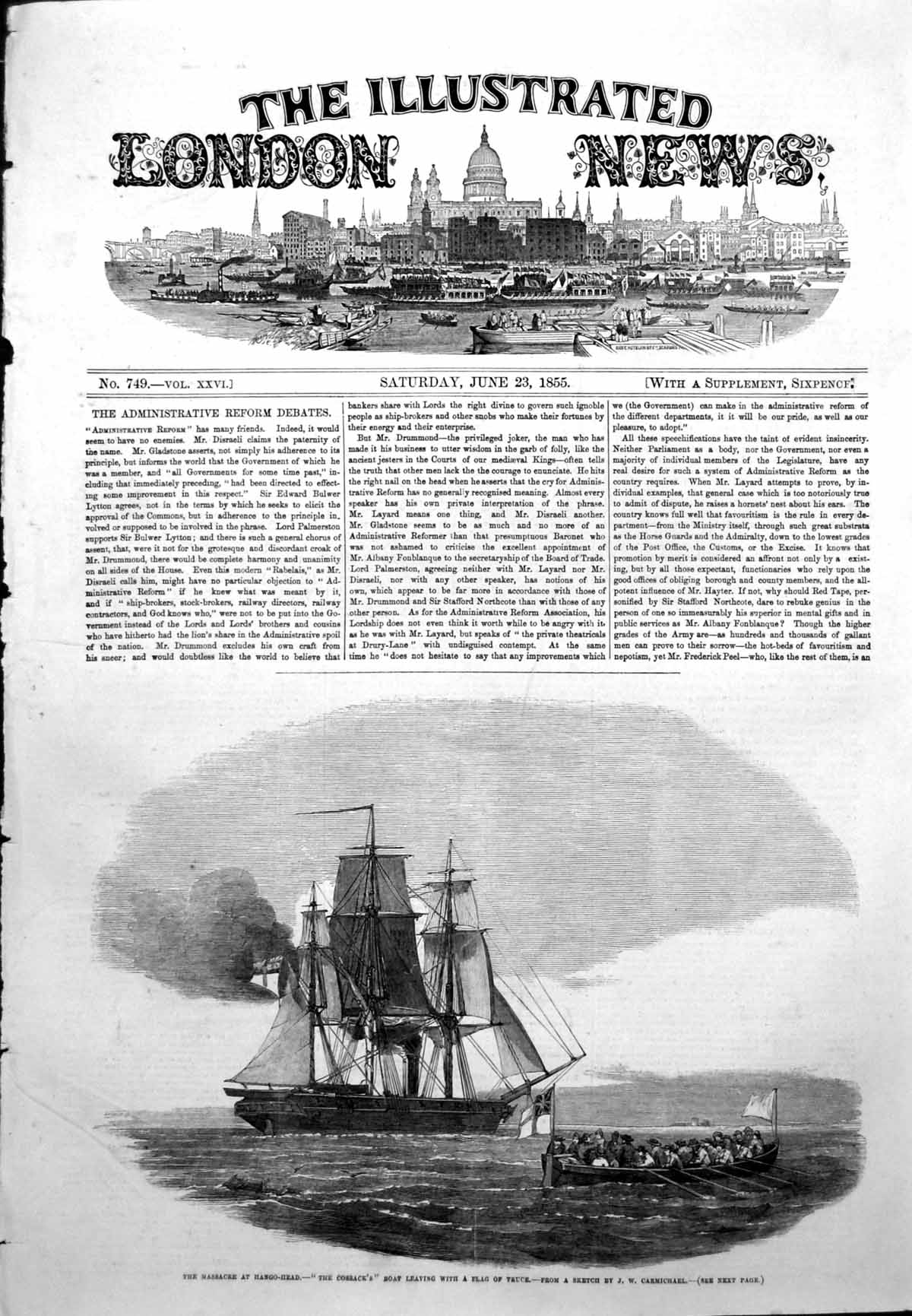Original Old Antique Print Massacre Hango Head Cossacks Leaving Flag Truce 1855