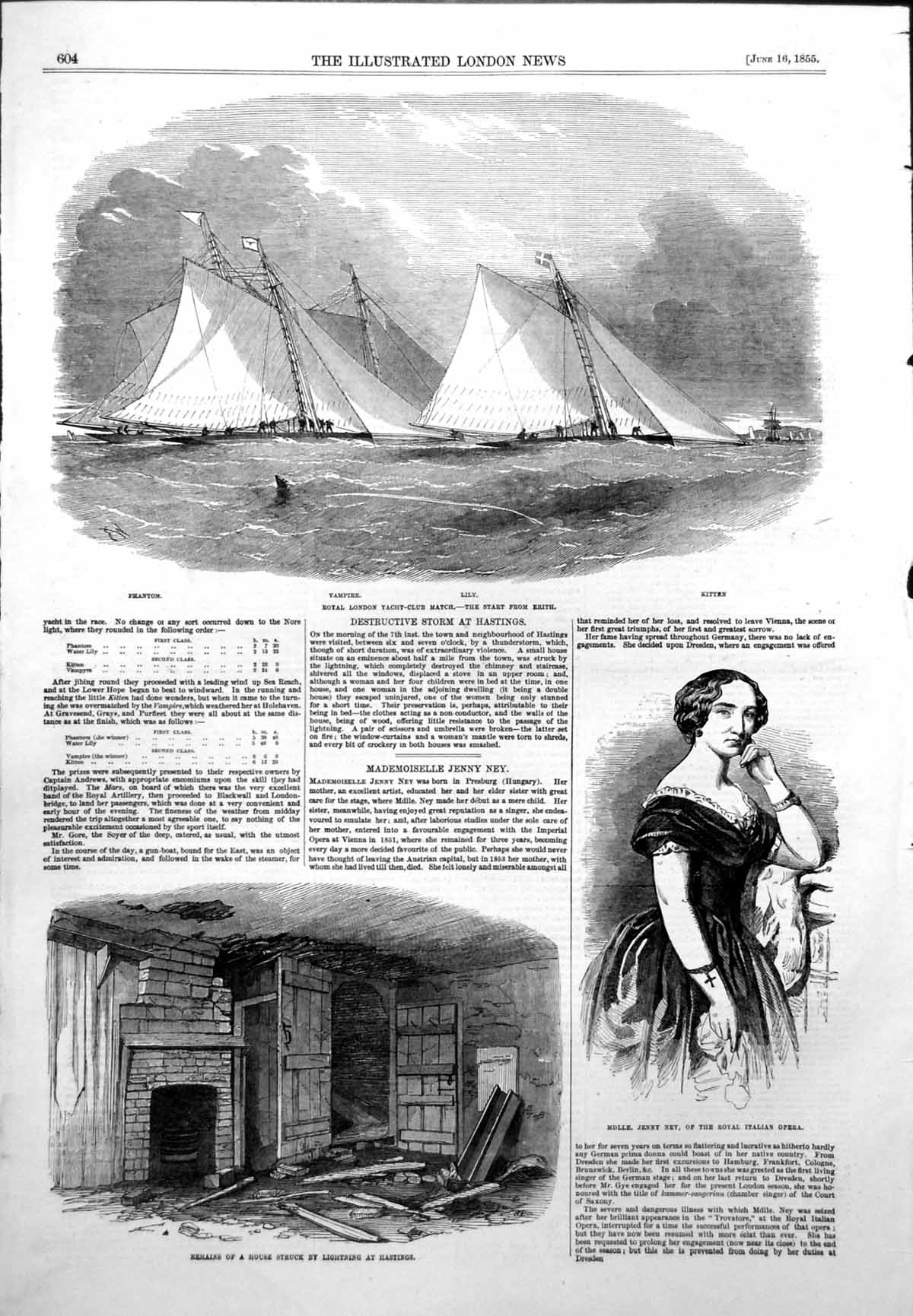 Antique Old Print Royal London Yacht Match Erith Mdlle Jenny Ney Opera 1855