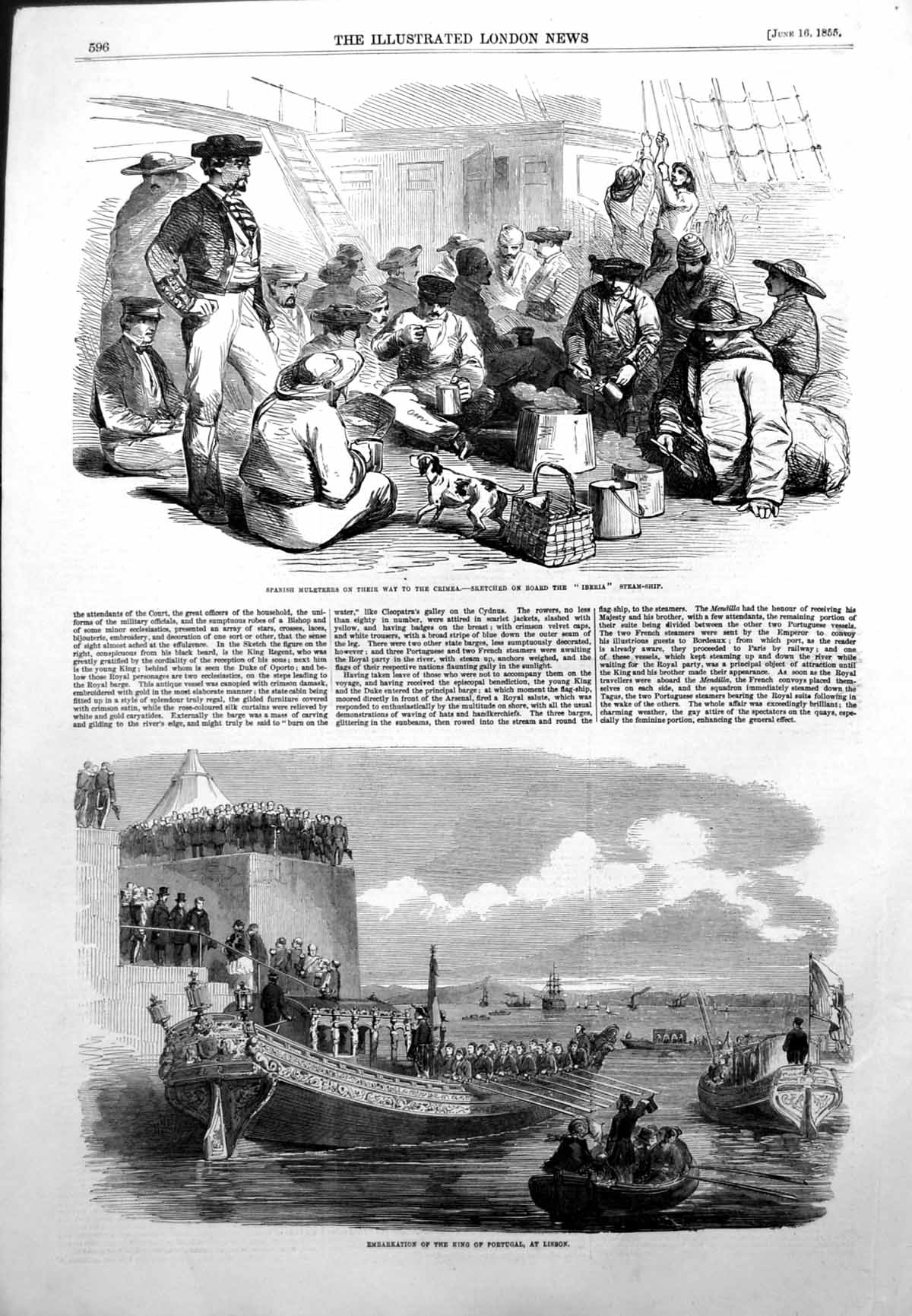 Antique Print Embarkation King Potugal Lisbon Spanish Muliteers Iberia 1855