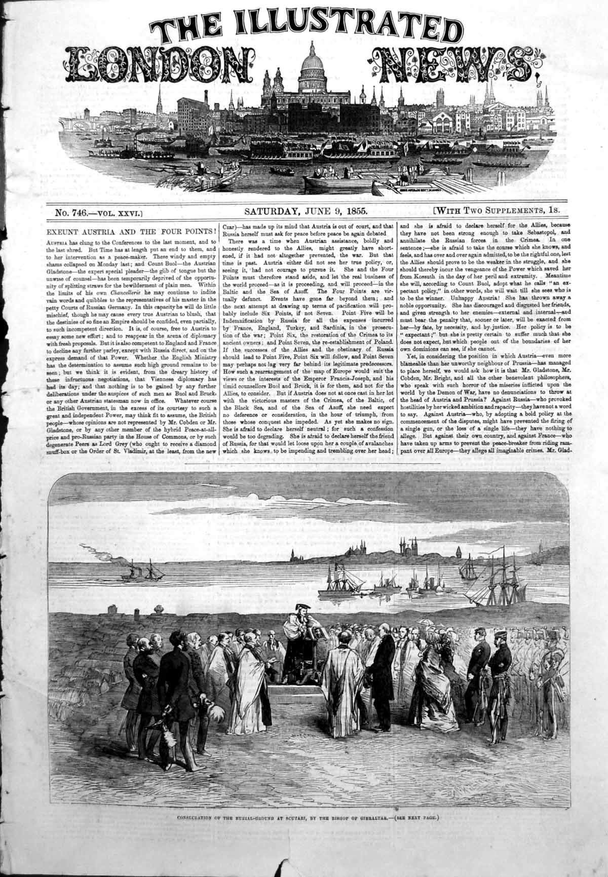 Antique Old Print Consecration Burial Ground Scutari Bishop Gibraltar 1855 19th
