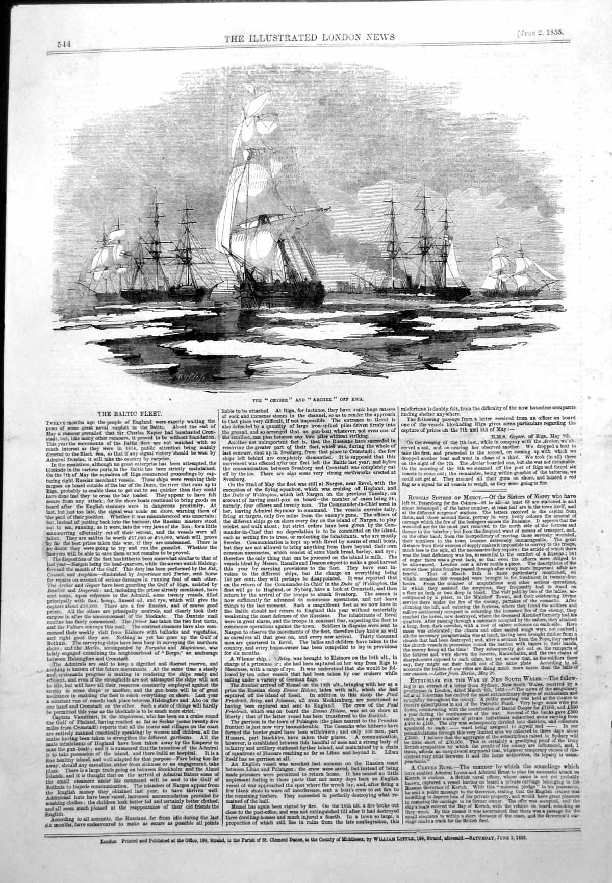 Original Old Antique Print Baltic Fleet Ships Geyser Archer Off Riga 1855 19th