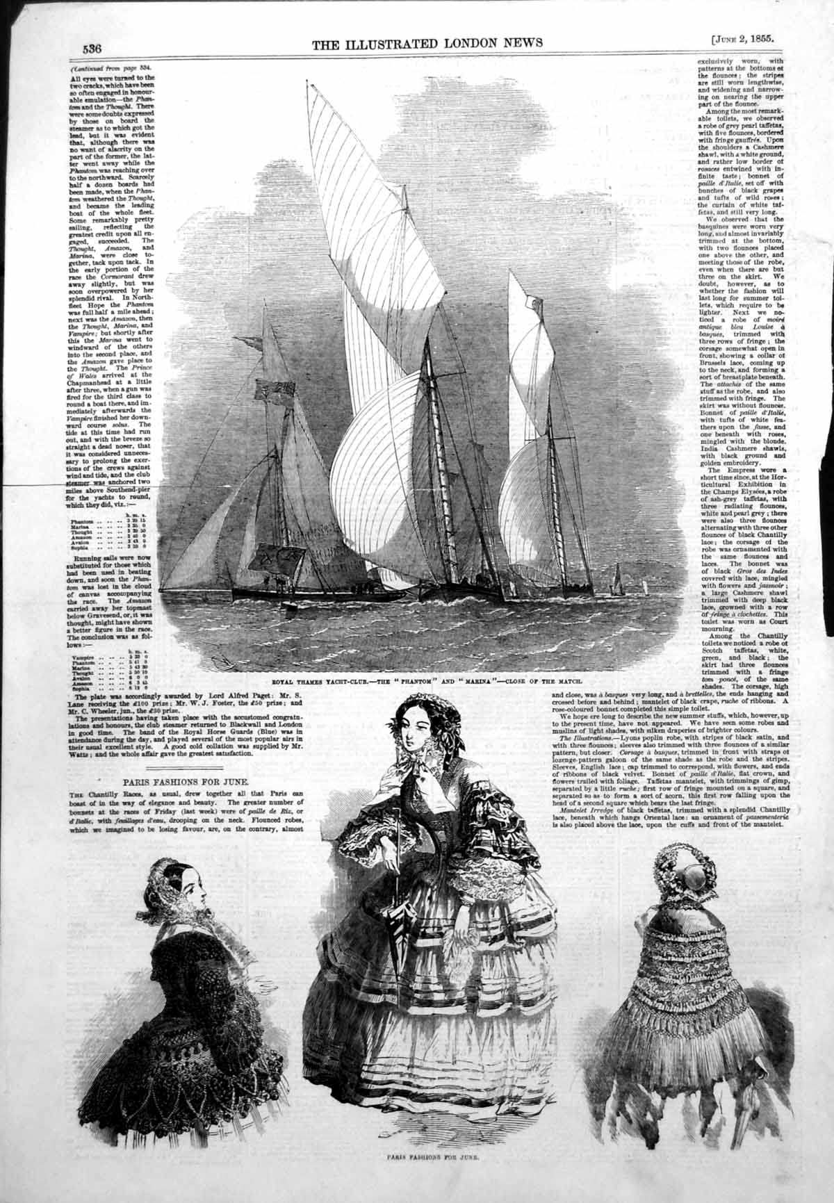 Antique Old Print Royal Thames Yacht Club Phantom Marina Paris Fashions 1855