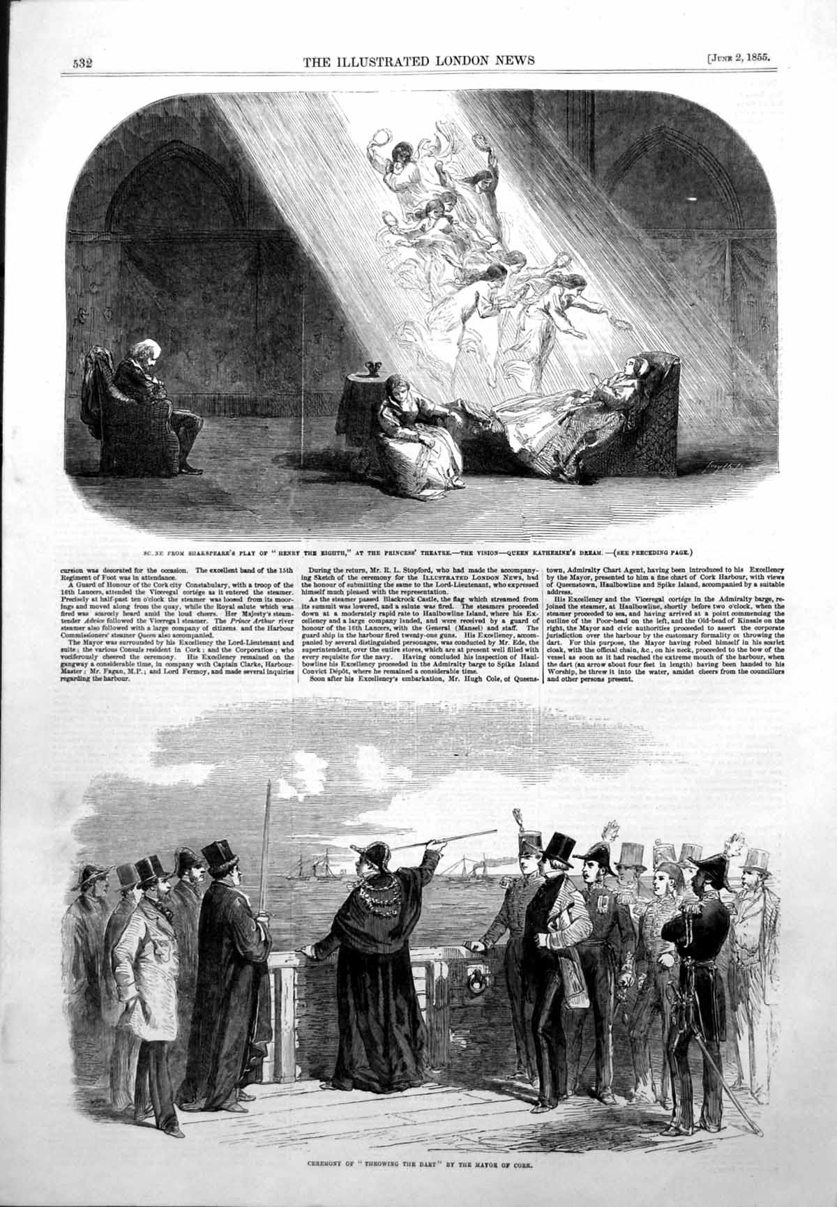 Antique Old Print Throwing Dart Mayor Cork Henry Eighth Princess Theatre 1855