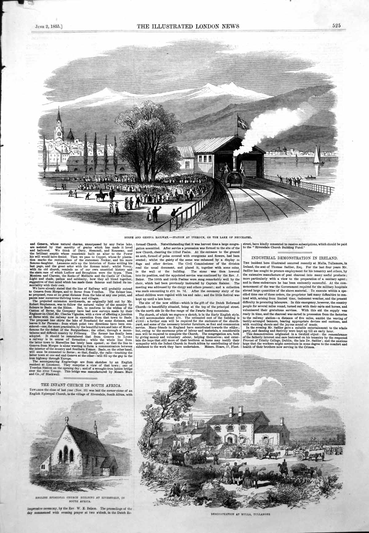 Antique Old Print Berne Geneva Railway Yverdu Infant Church South Africa 1855