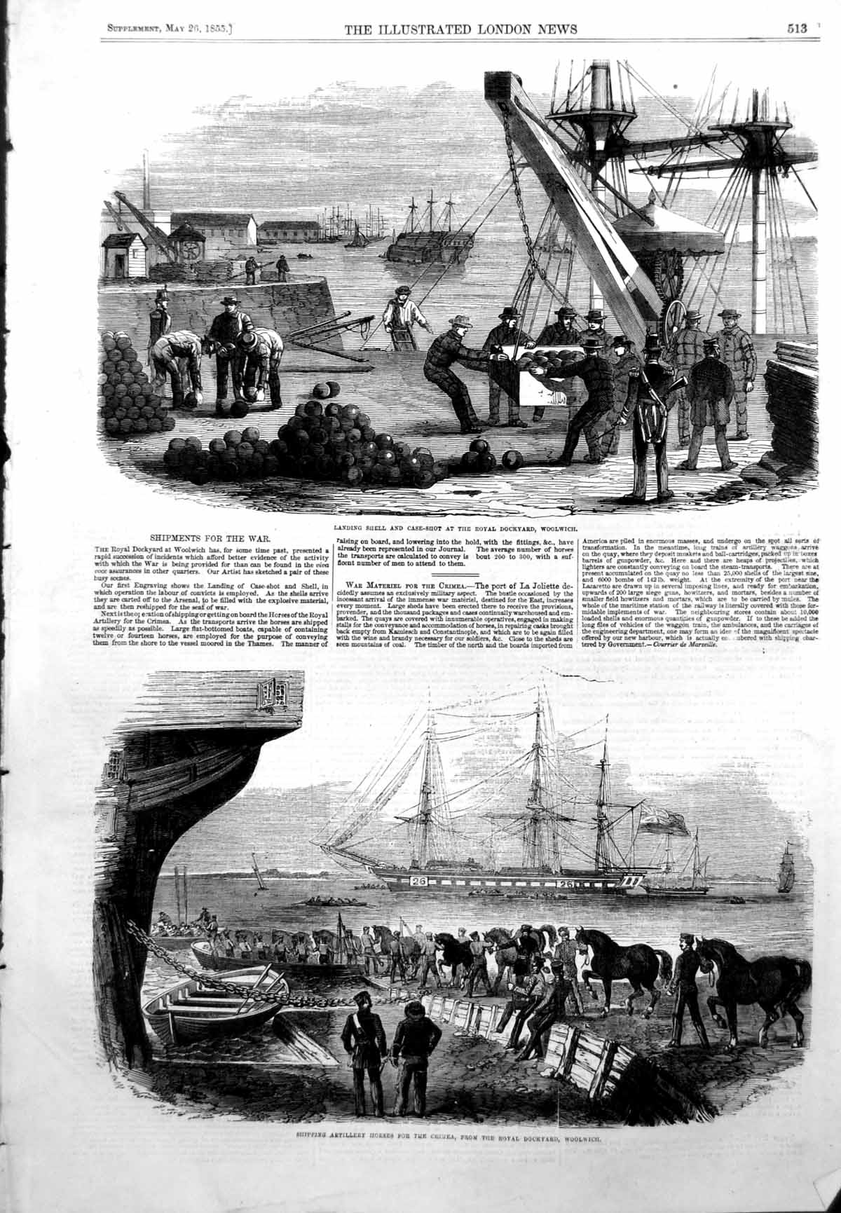 Antique Print Shipments War Shell Case Shot Artillery Horses Woolwich 1855 19th