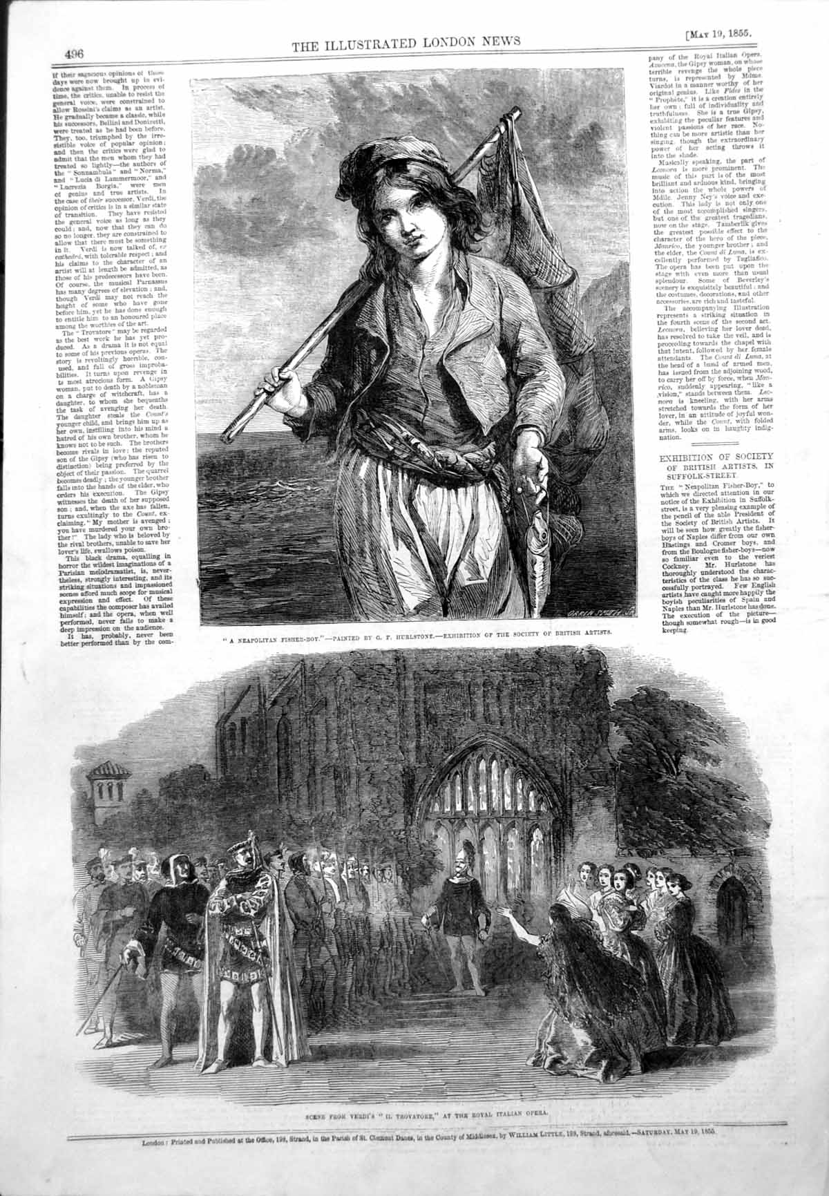 Old Print Neapolitan Fisher Boy G Hurlstone Verdis Il Trovatore Opera1855 19th