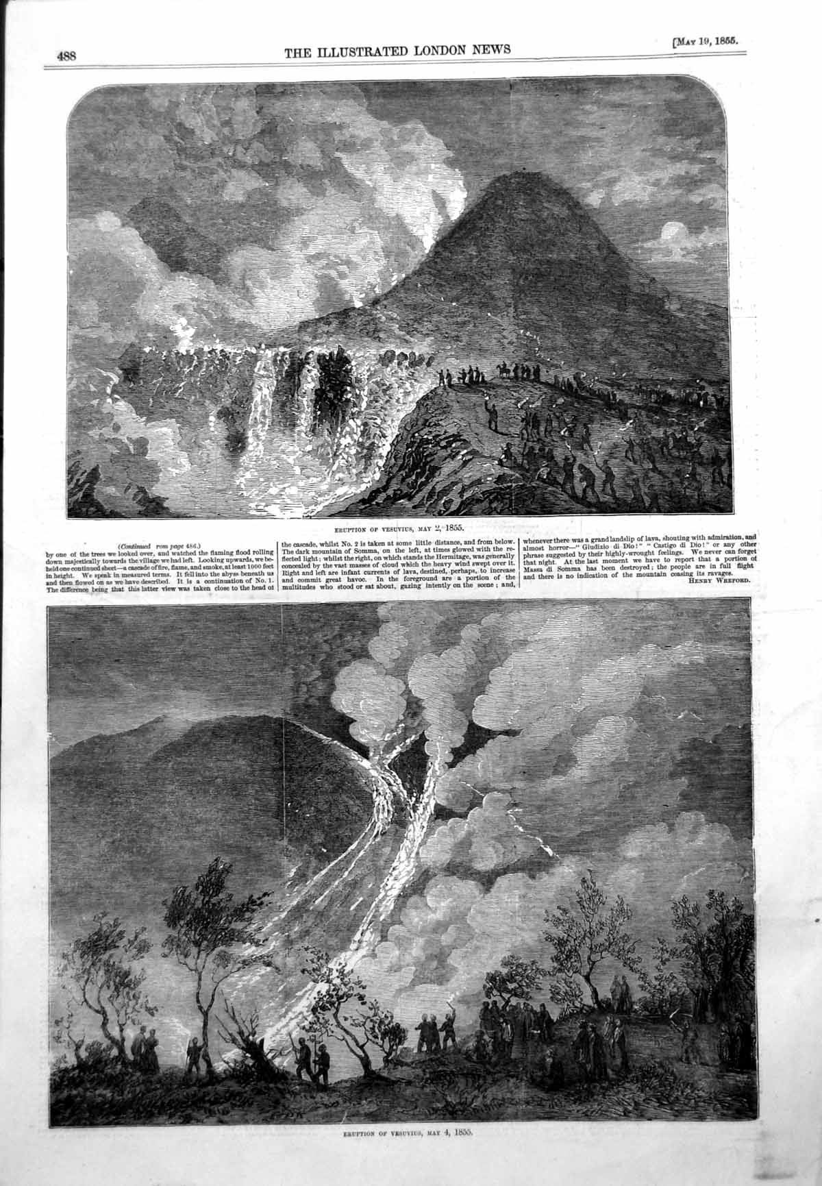 Antique Old Print Eruption Vesuvius May 2Nd Eruption Vesuvius May 4Th 1855