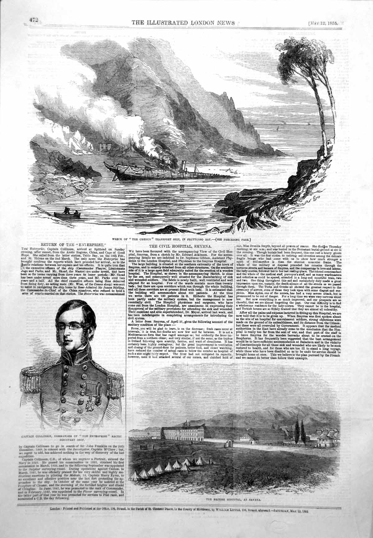 Antique Old Print Wreck Croesus Transport Ship British Hospital Smyrna 1855