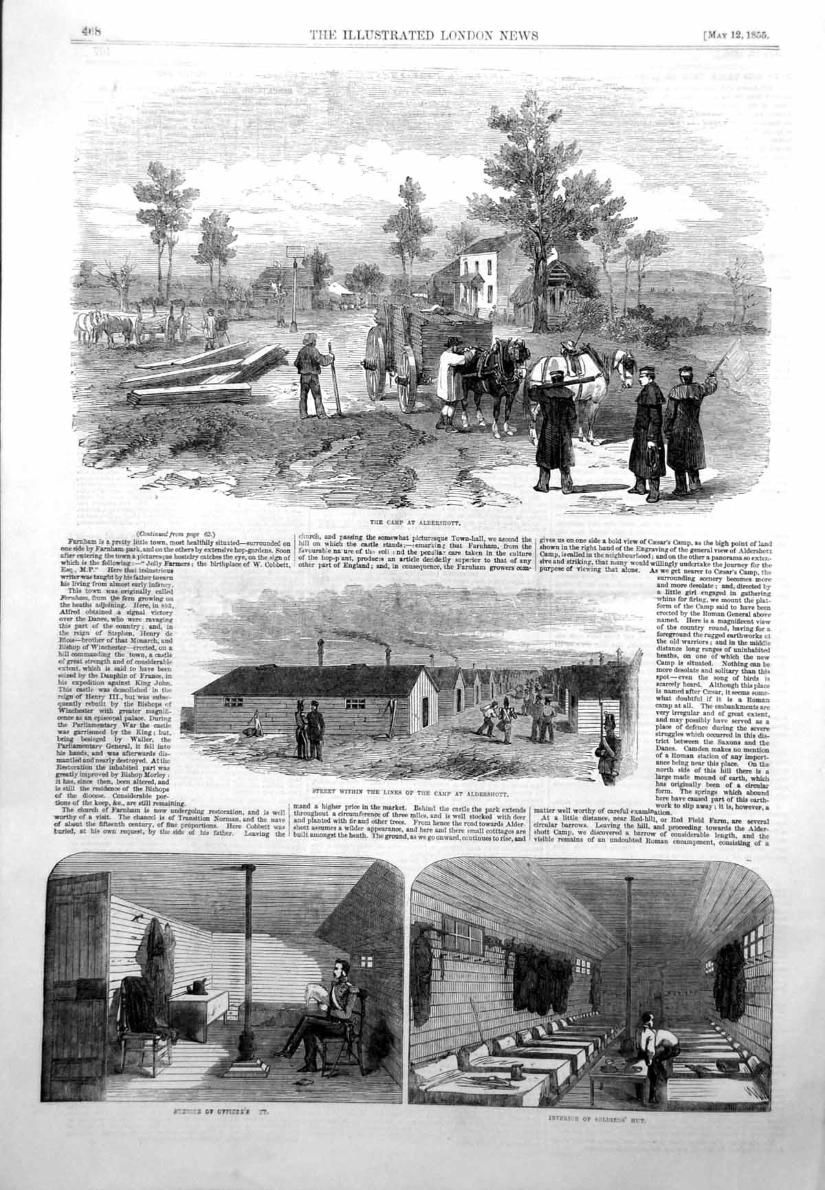 Antique Print Camp Aldershot Street Within Lines Officers Siers Huts 1855 19th