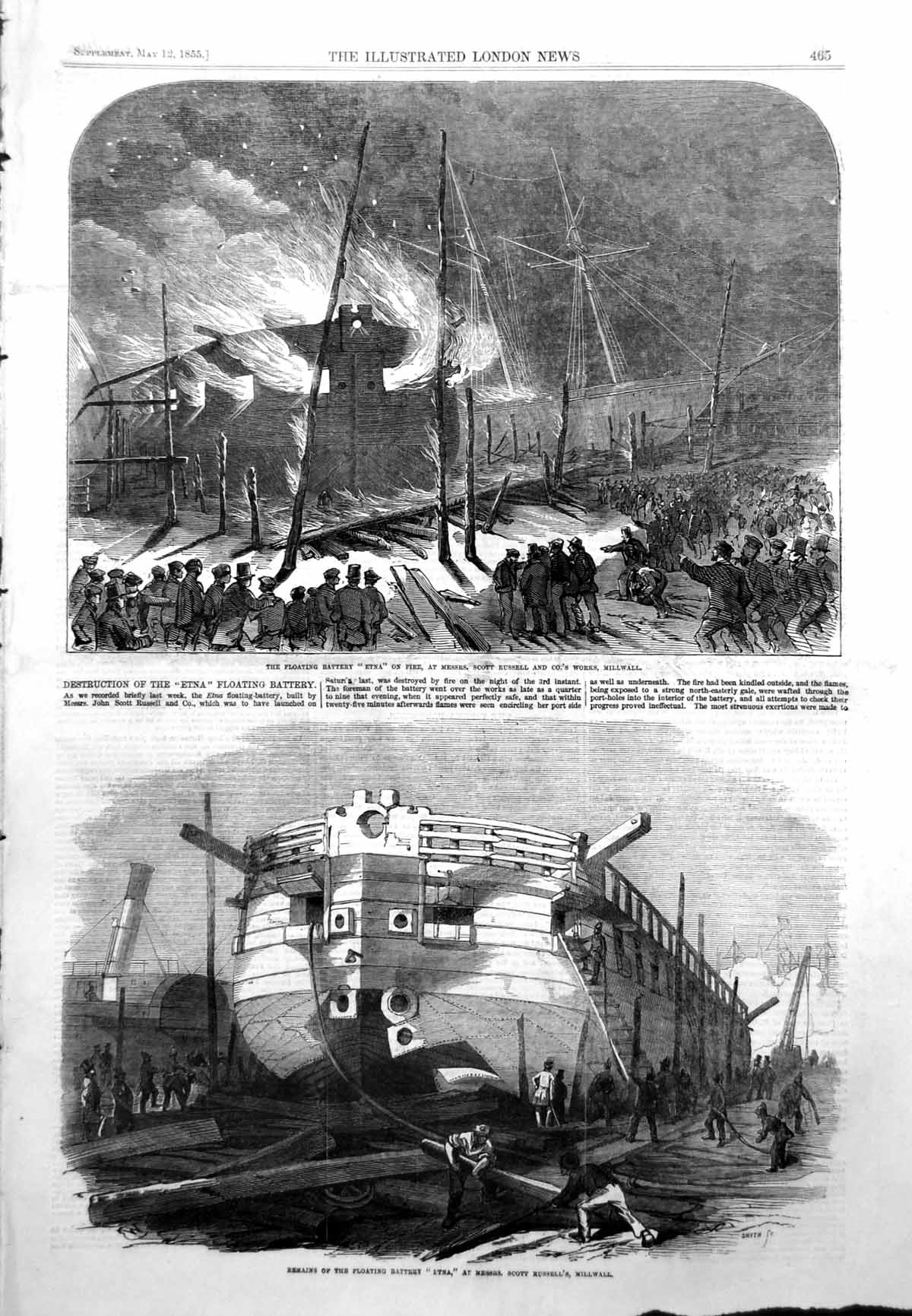 Old Print Floating Battery Etna Fire Remains Scott Russell Millwall 1855 19th