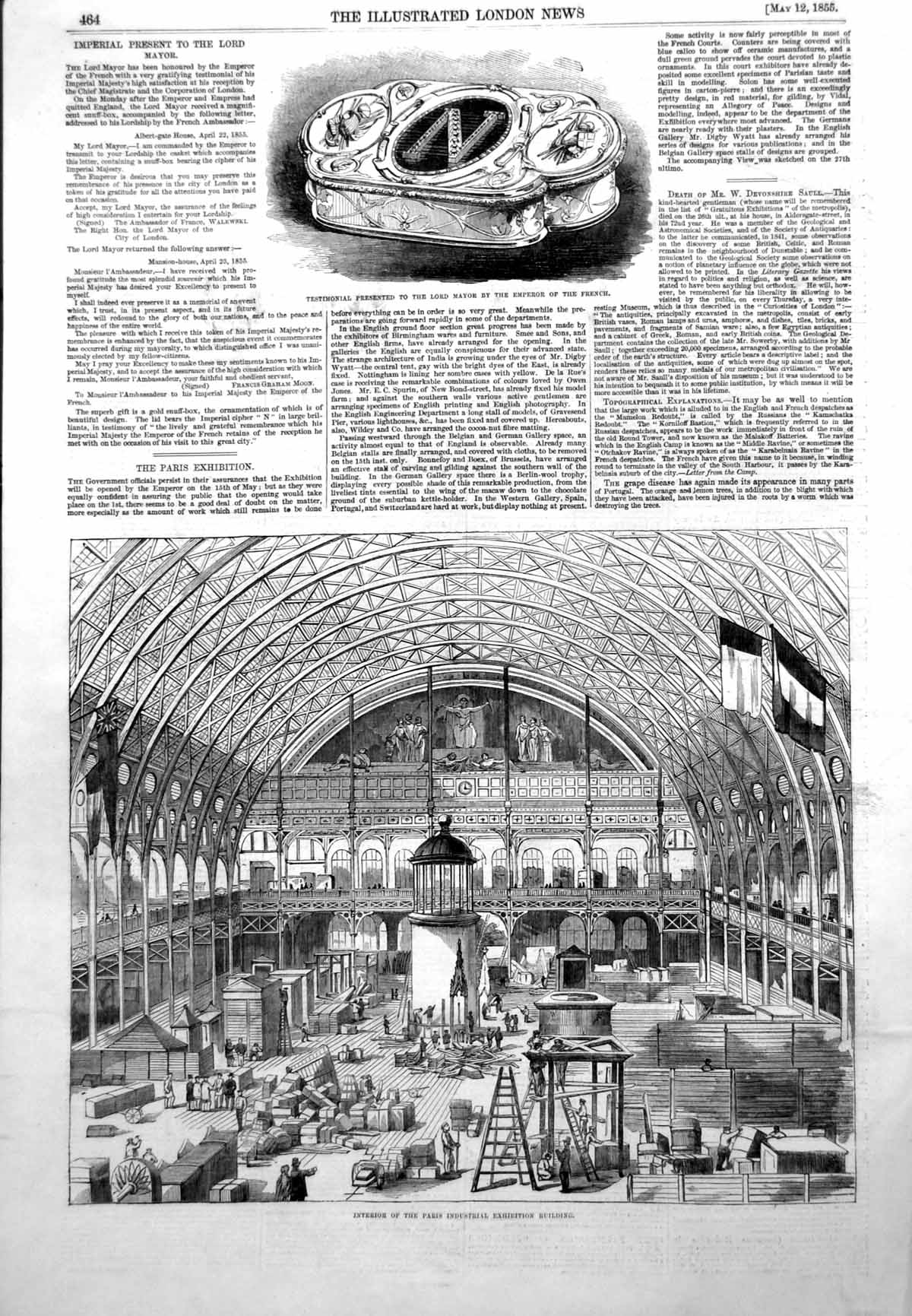 Old Print Paris Exhibition Building Interior Testimonial Lord Mayor 1855 19th