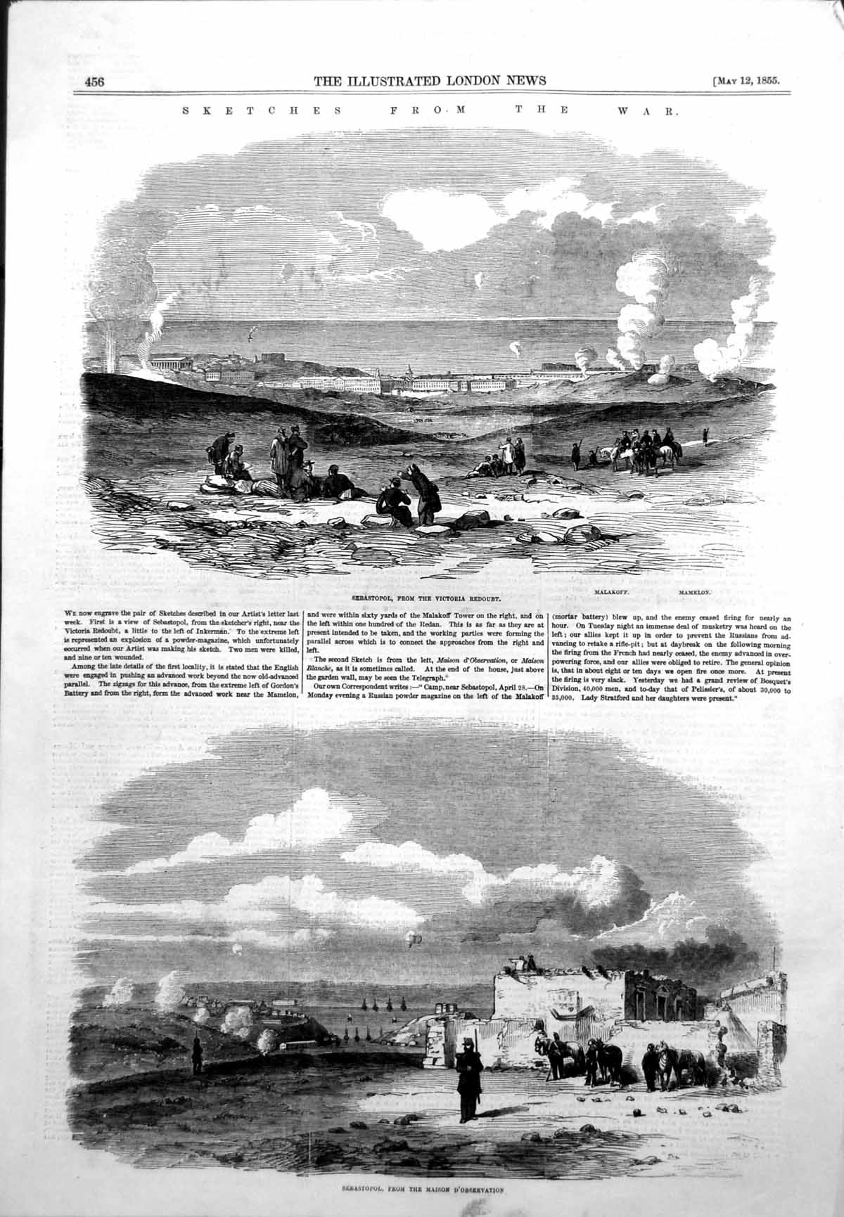 Antique Old Print War Sebastopol Victoria Redoubt Maison D'Observation 1855