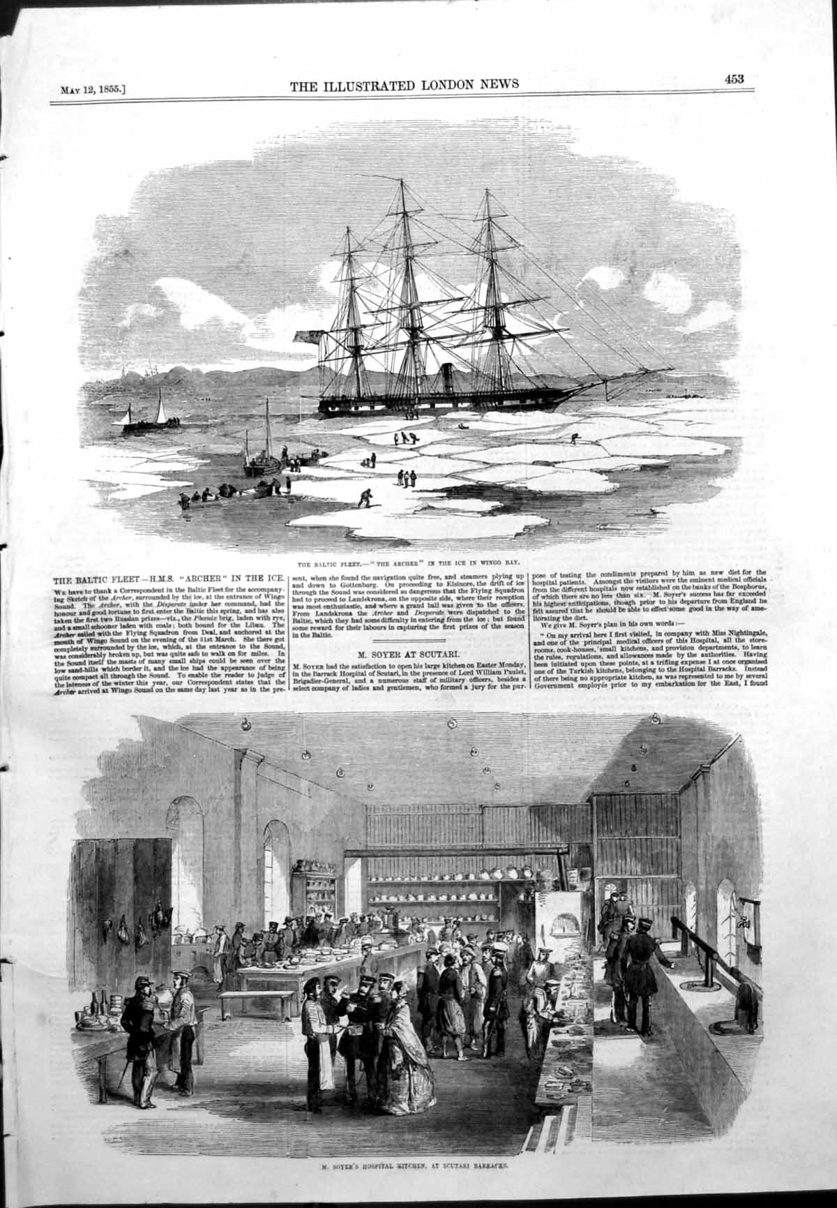 Old Print Baltic Fleet Archer Ice Wingo Bay Soyers Scutari Barracks 1855 19th