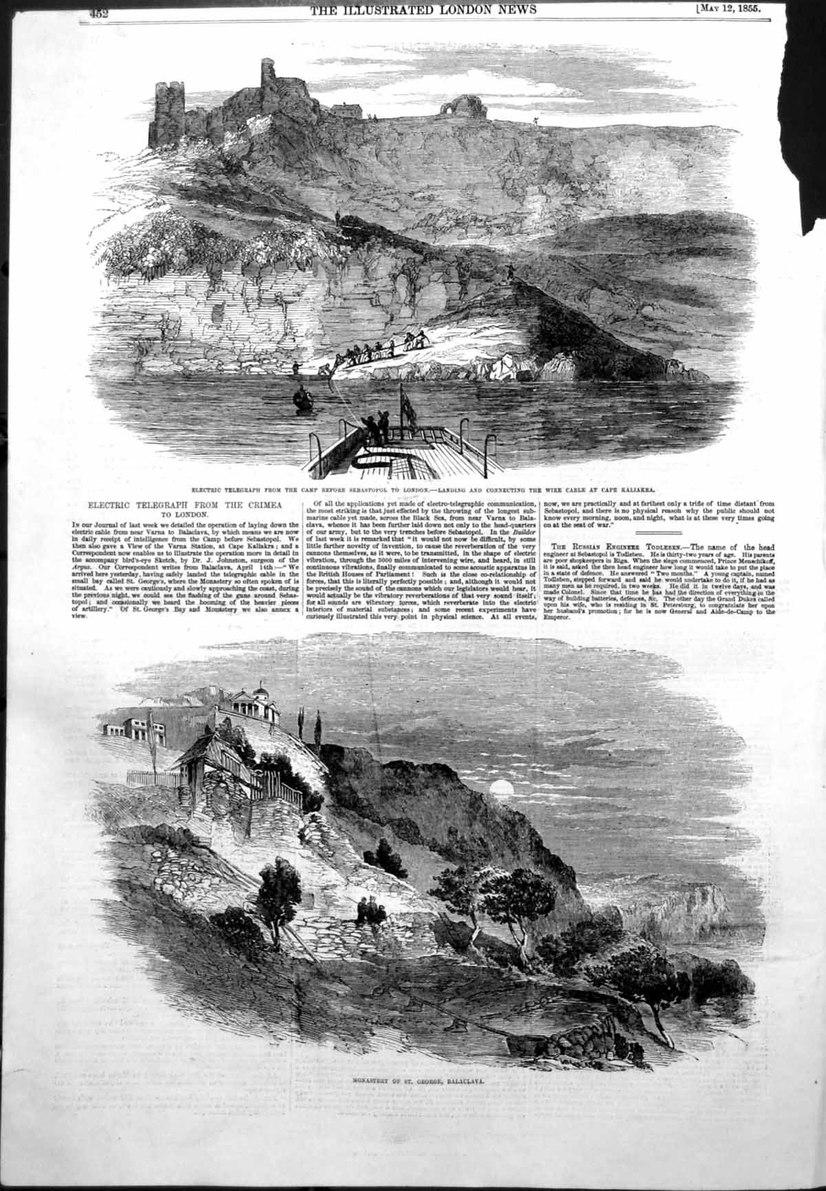 Old Print Electric Telegraph Cable Cape Kaliakra Monastry Balaclava 1855 19th