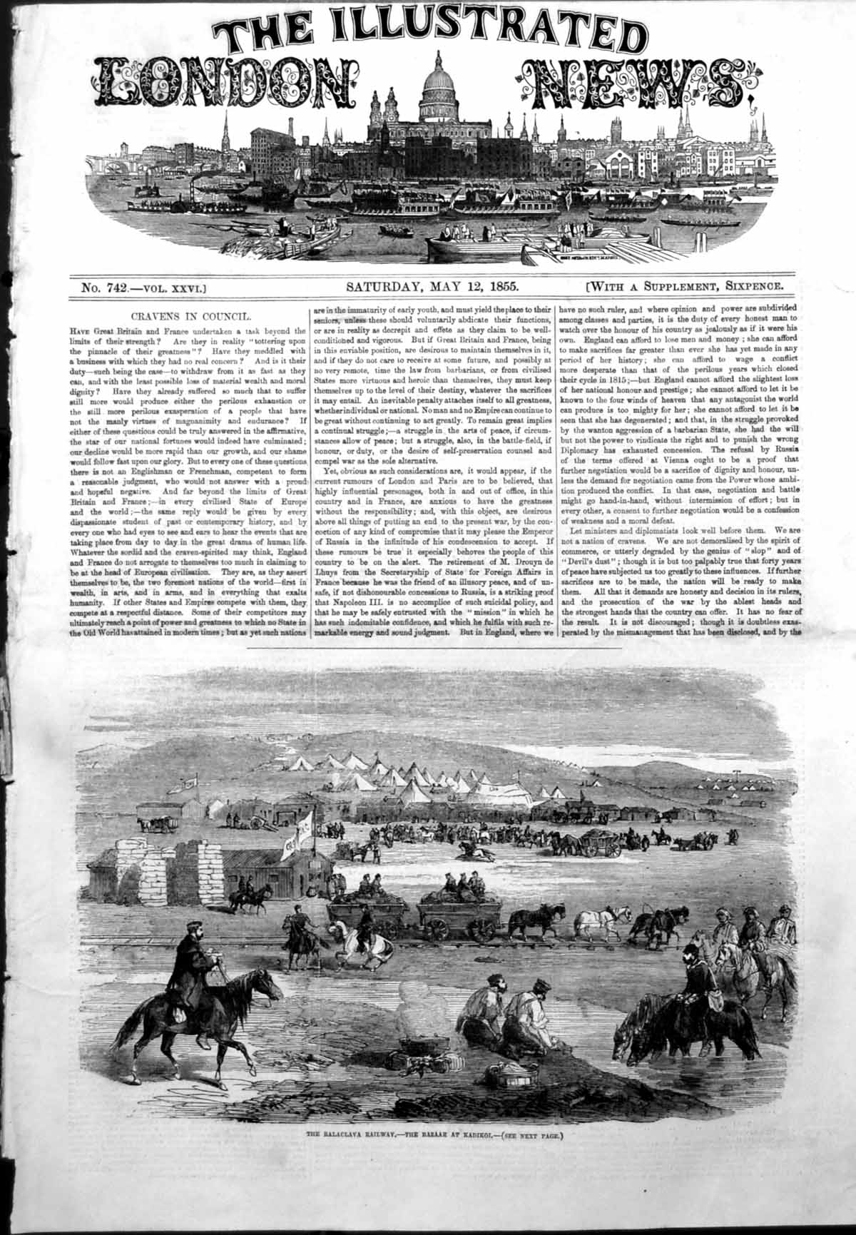 Antique Old Print Balaclava Railway Bazaar Kadikoi Tents Siers Horses 1855 19th