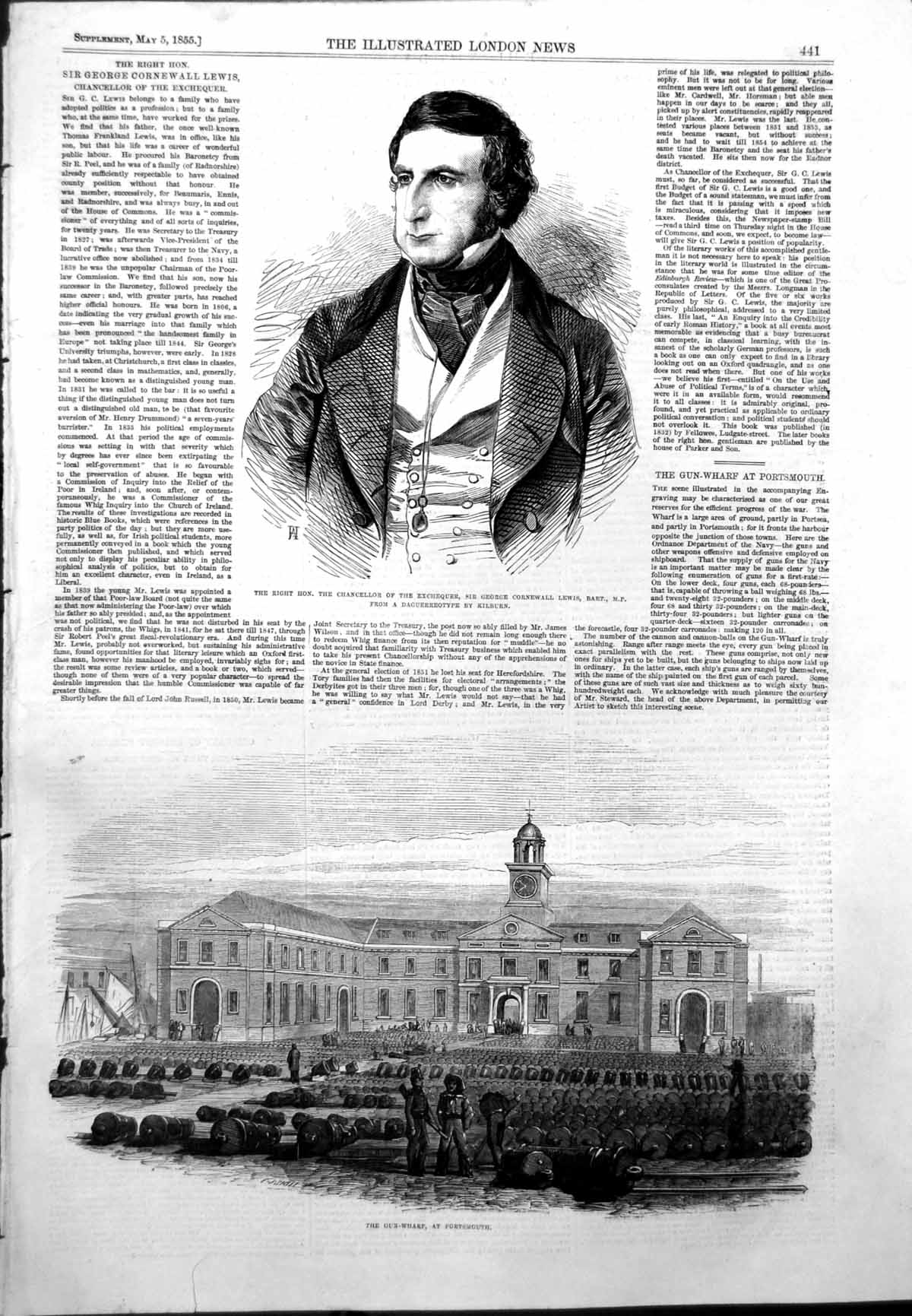 Antique Old Print Gun Wharf Portsmouth George Lewis Chancellor Exchequer1855