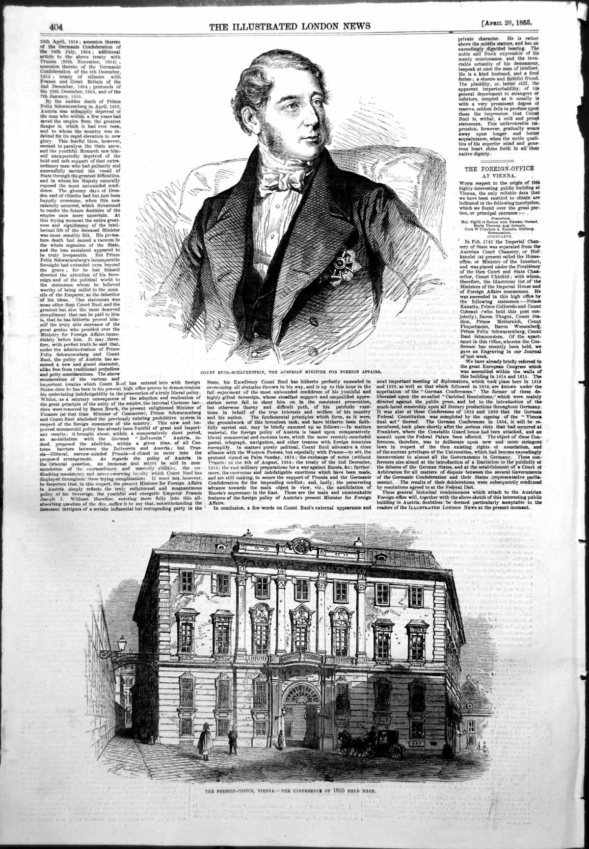 Antique Old Print Foreign Office Vienna Count Buol Schauenstein Austrian 1855