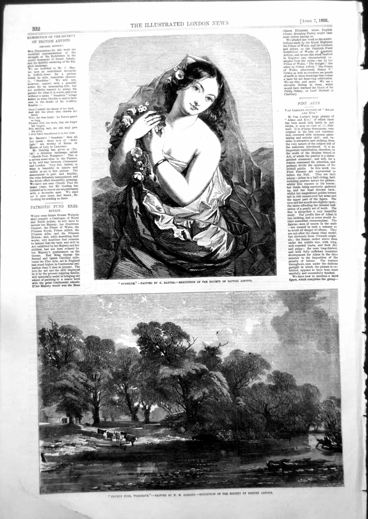 Old Antique Print Sunshine C Baxter Church Pool Wargrave W Gosling 1855 19th