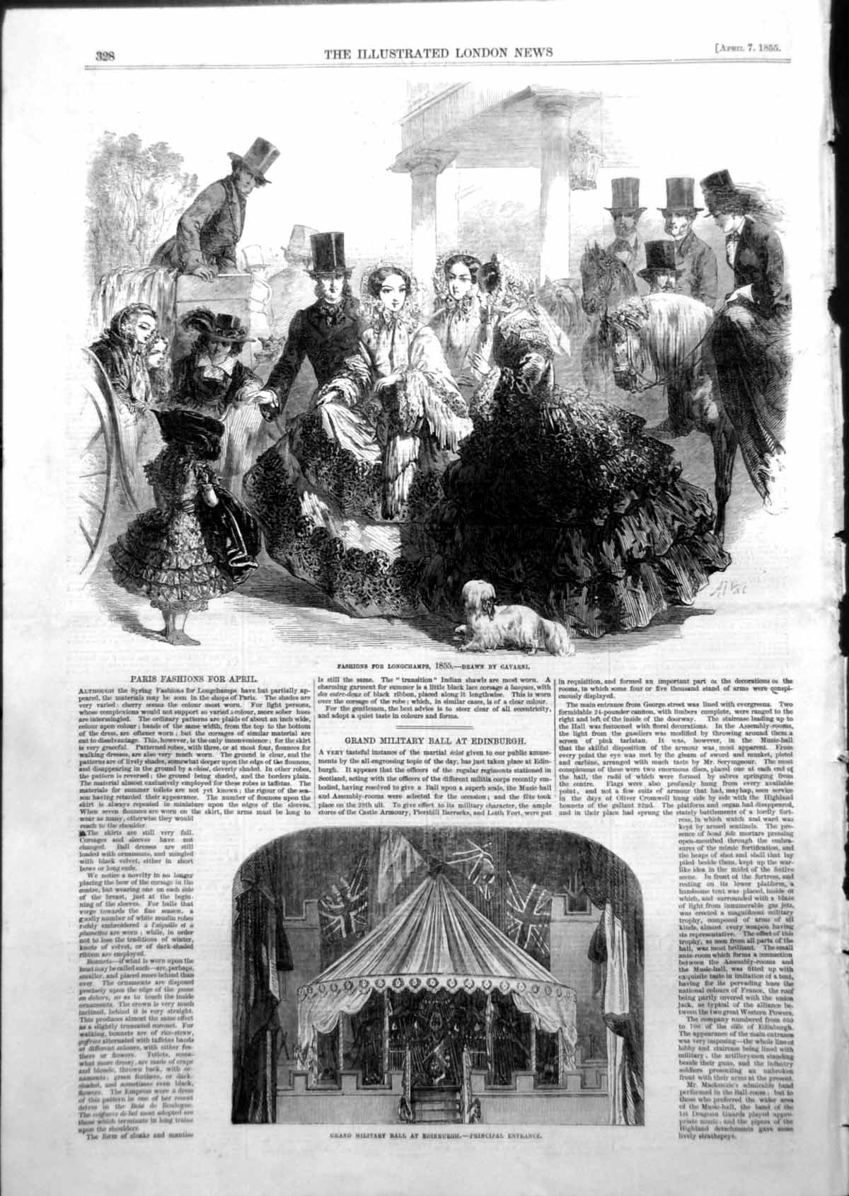 Antique Old Print Fashions Longchamps Gavarni Military Ball Edinburgh 1855 19th