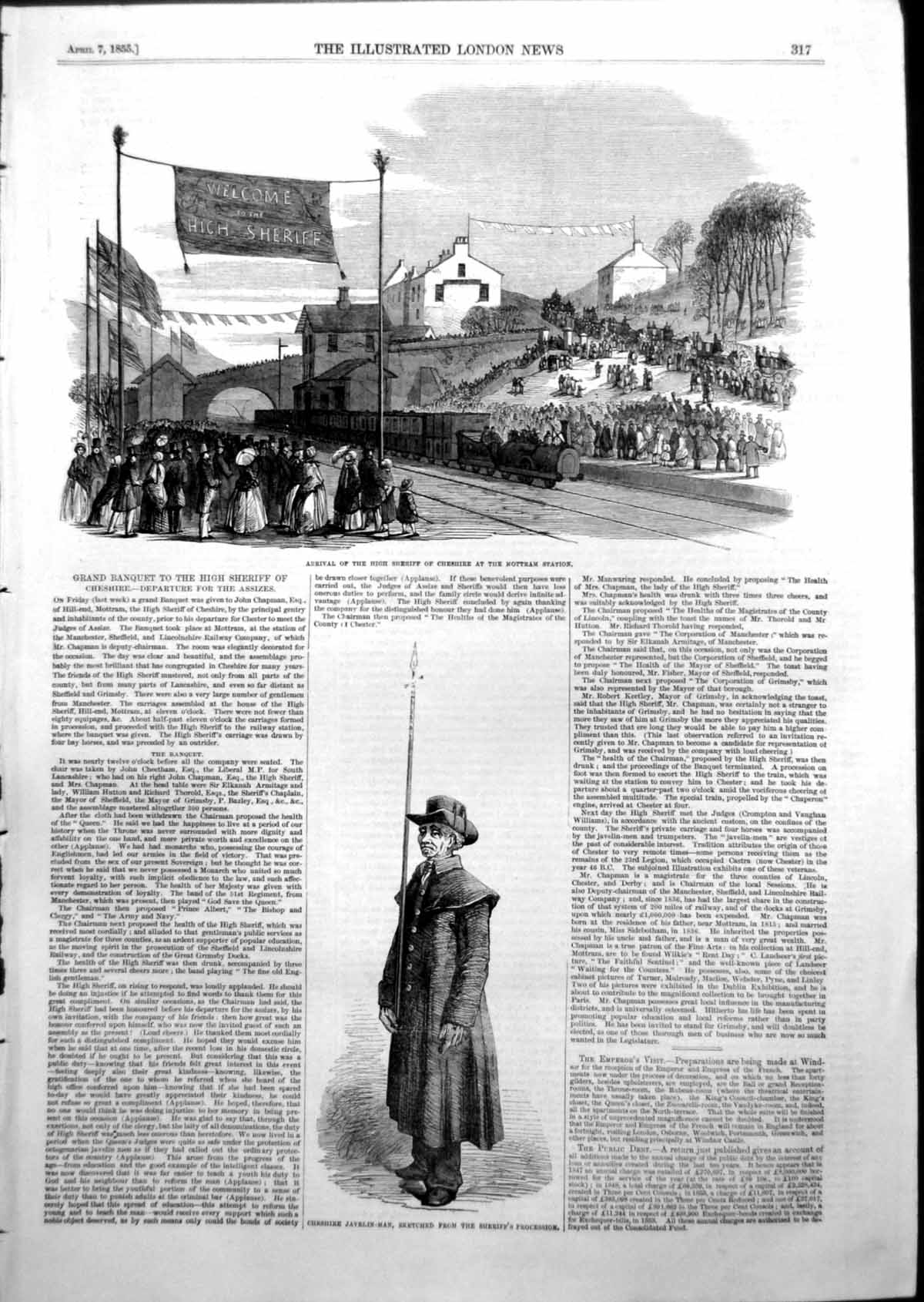 Old Print High Sheriff Cheshire Mottram Station Cheshire Javelin Man 1855 19th