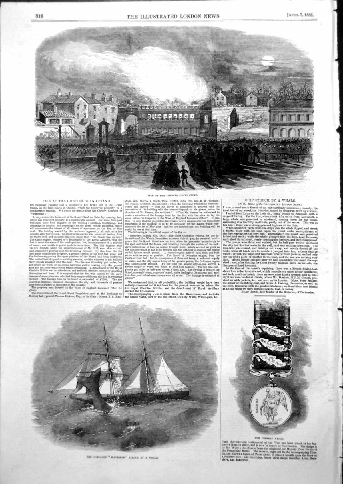 Old Fire Chester Grand Stand Schooner Waterloo Struck Whale 1855 Ref. Victorian