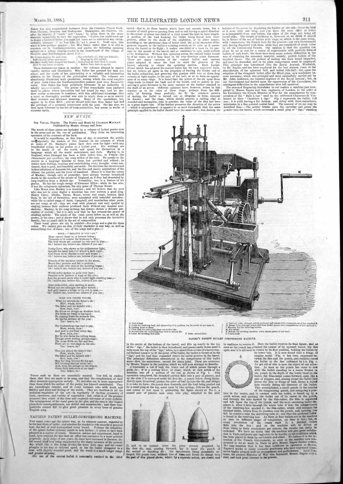 Original Old Antique Print Napiers Patent Bullet Compressing Machine 1855 19th