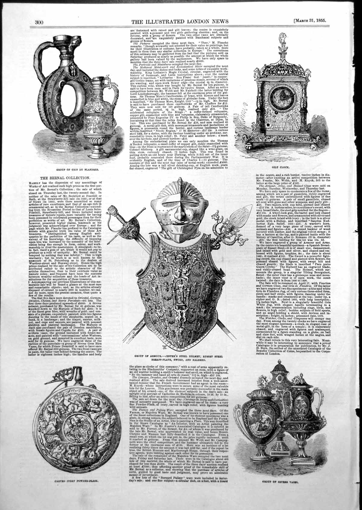 Old Print Bernal Collection Gris De Flandres Gilt Clock Sevres Vases 1855 19th