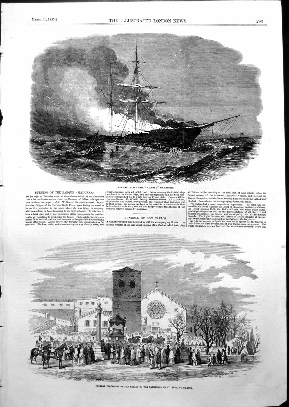 Antique Print Funeral Don Carlos Trieste Burning Ship Madonna Belfast 1855 19th
