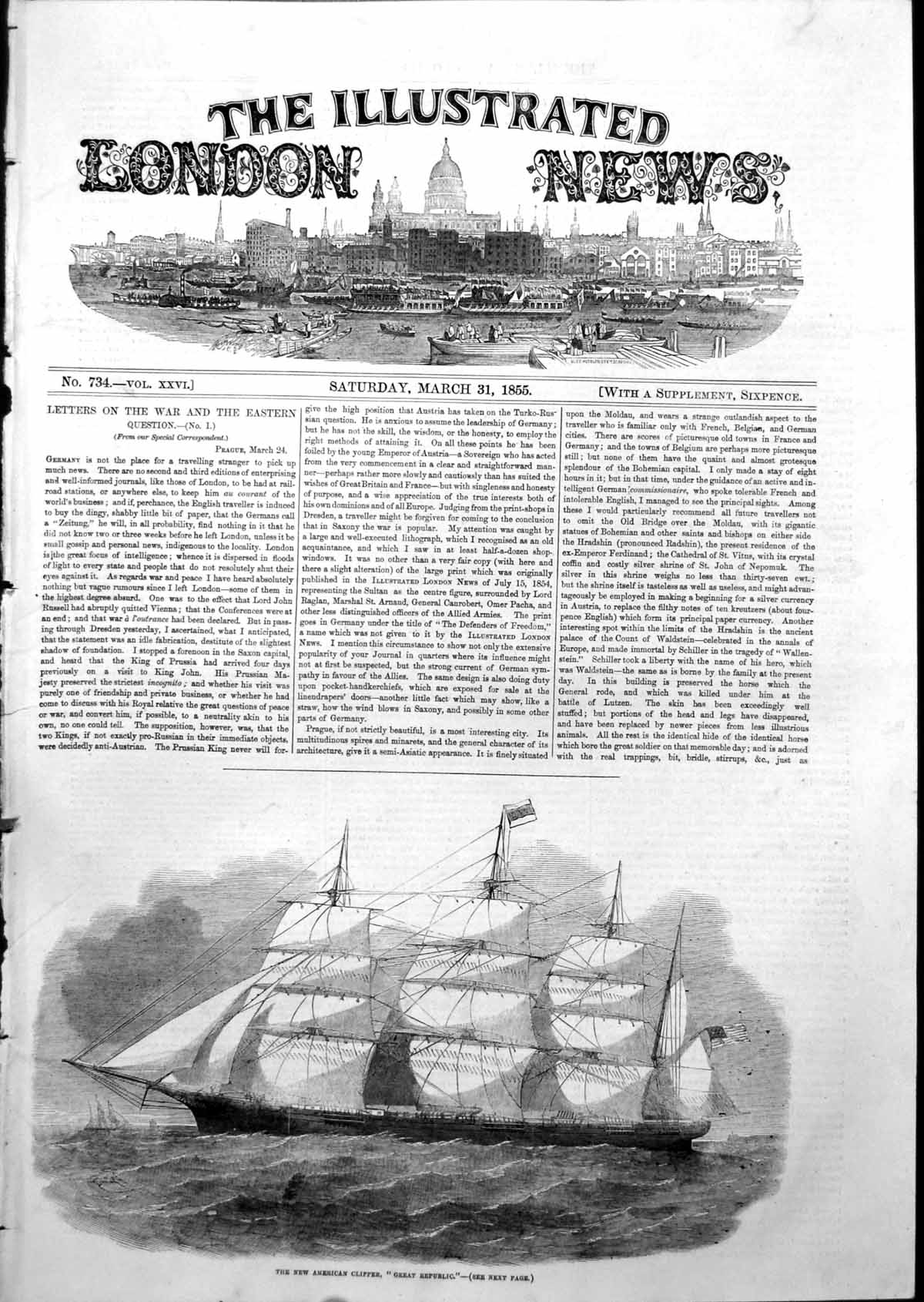 Original Old Antique Print New American Clipper Great Republic 1855 Victorian