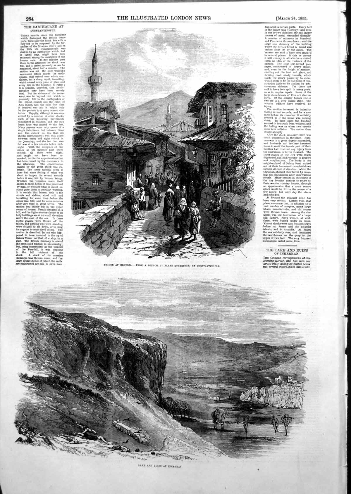Antique Old Print Lake Ruins Inkerman Bridge Broussa J Robertson 1855 Ref.2