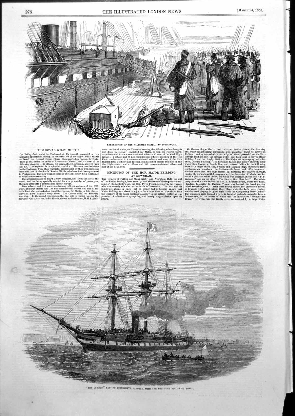 Antique Print Embarkation Wiltshire Militia Portsmouth Harbour Croesus 1855