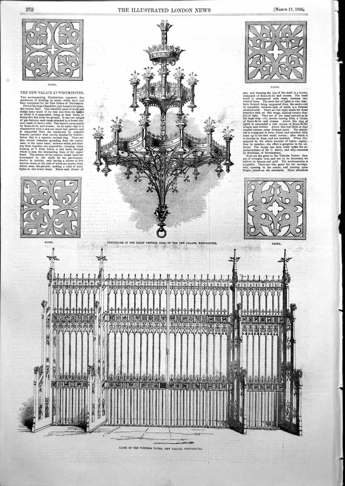 Antique Old Print Gates Victoria Tower New Palace Westminster Chandelier 1855