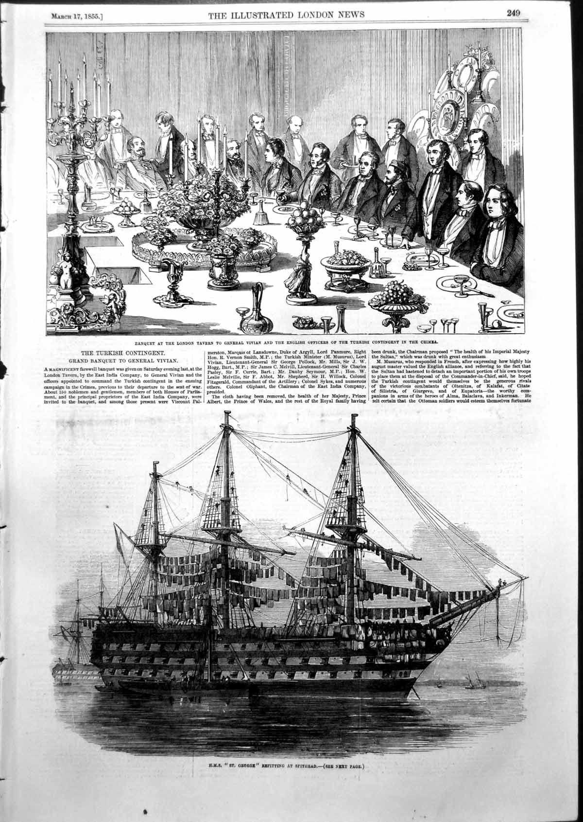 Antique Print St George Refitting Spithead Banquet Gen Vivian Officers 1855