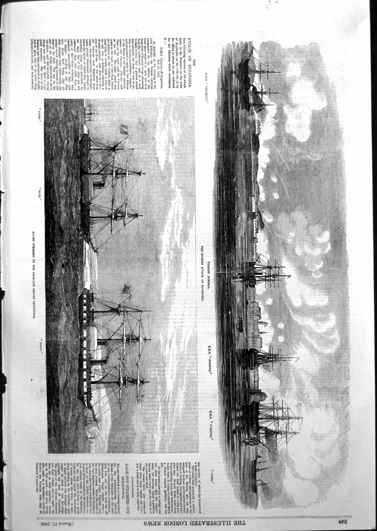 Antique Print Russian Attack Eupatoria Allied Steamers Look Out Niger 1855 19th