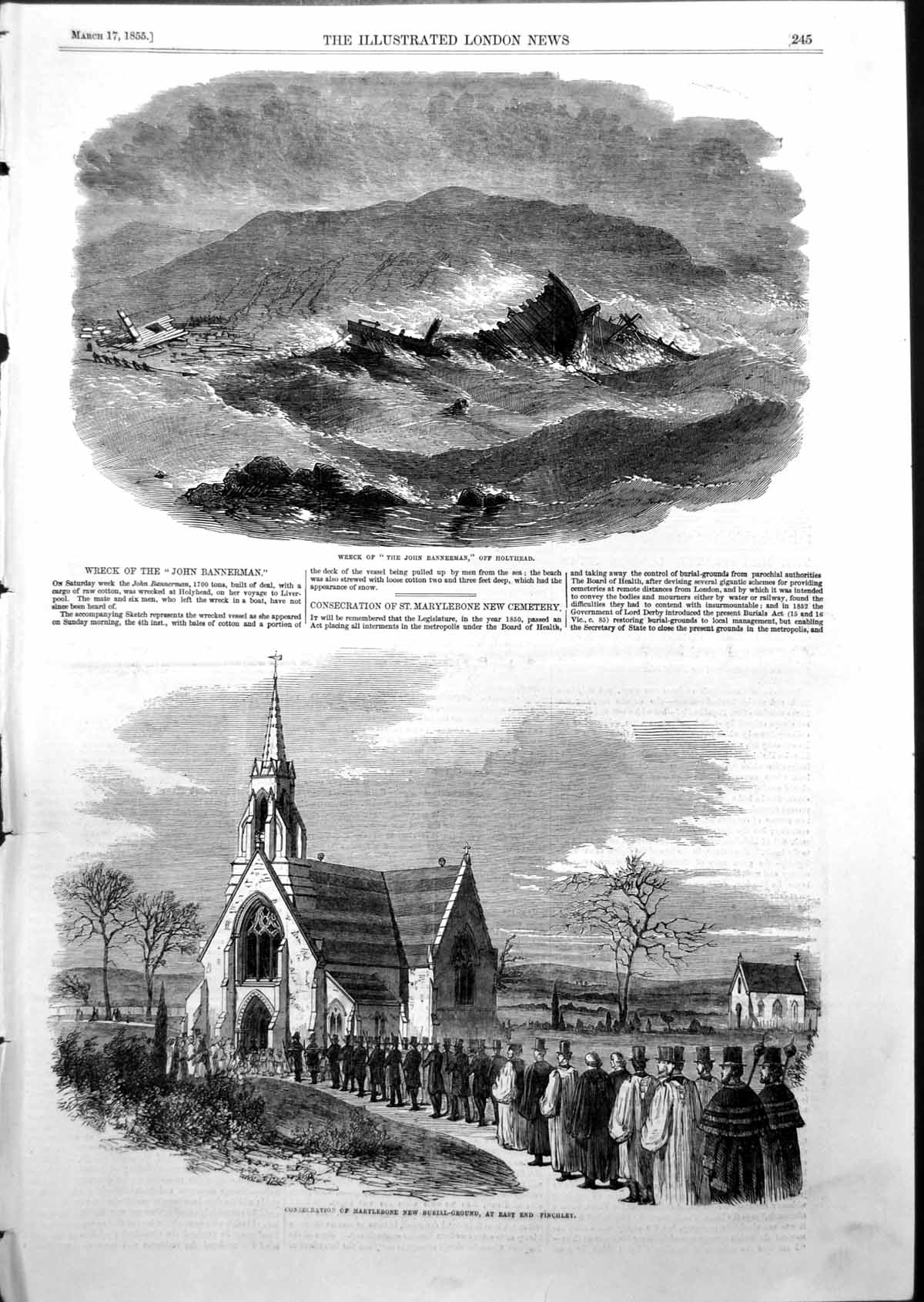 Antique Old Print Wreck John Bannerman Holyhead St Marylebone Cemetery 1855
