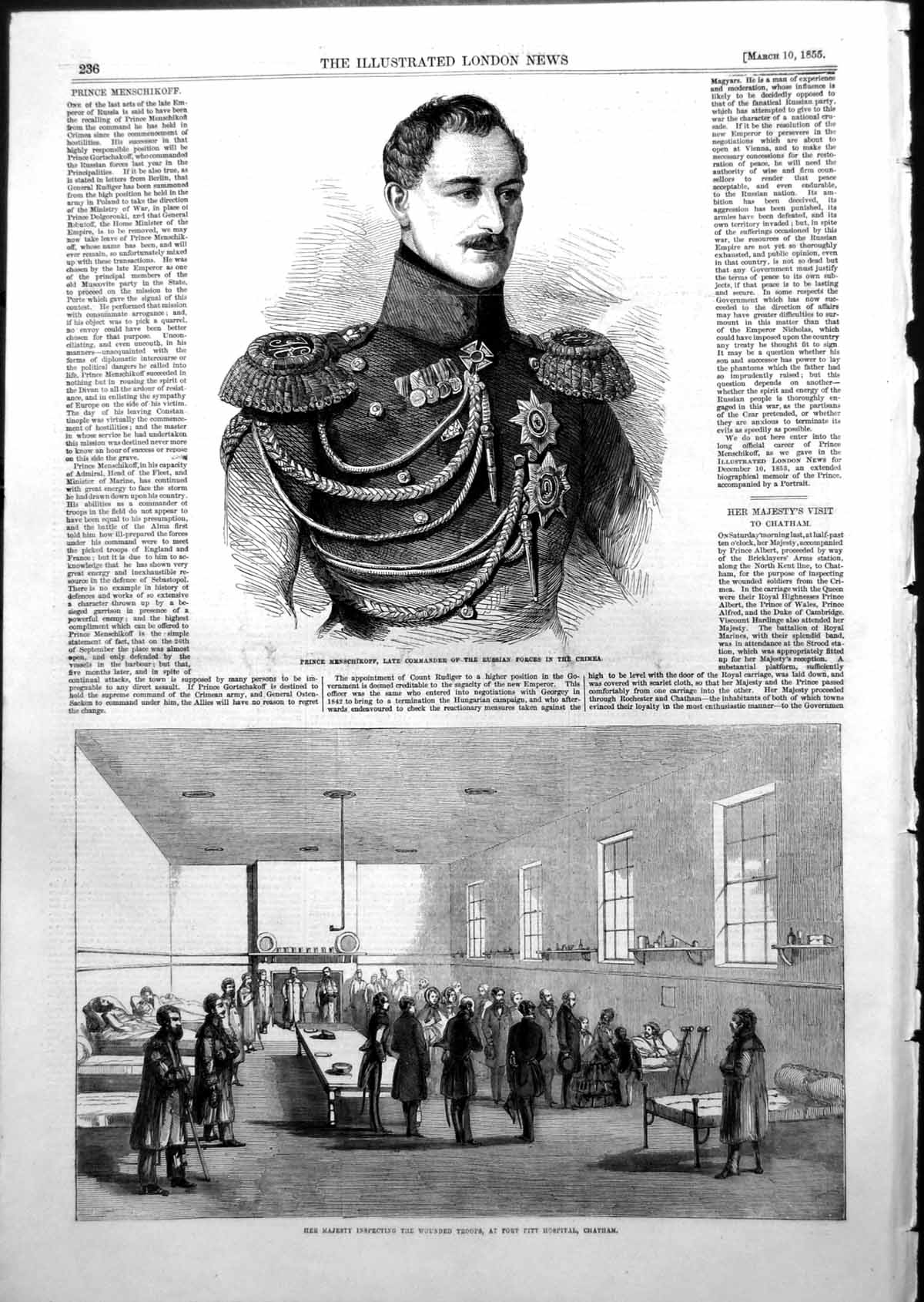 Antique Old Print Prince Menschikoff Russian Crimea Queen Wounded Chatham1855
