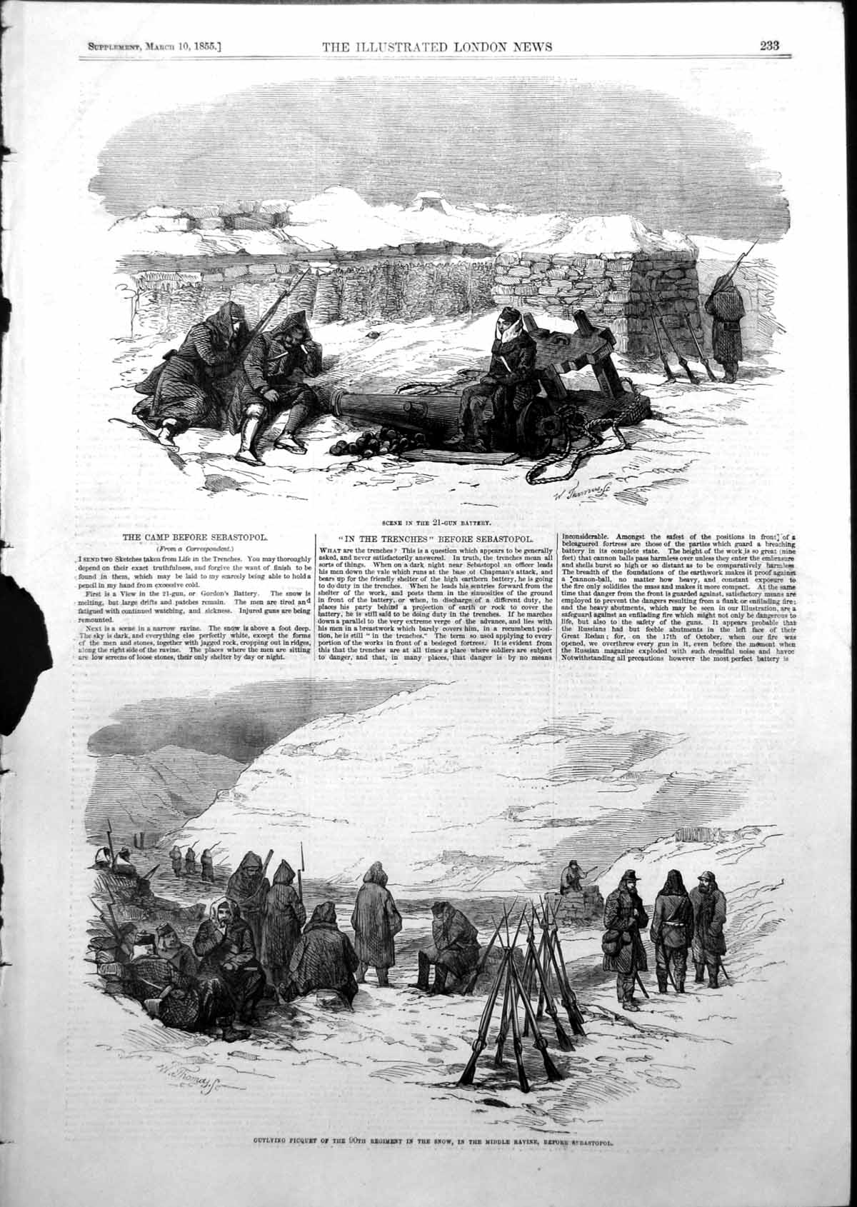 Antique Old Print 21 Gun Battery Picquet 90Th Regiment Snow Sebastopol 1855