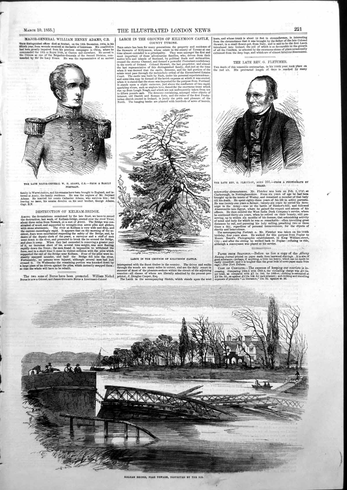 Old Print Rev G Fletcher Maj Gen W Adams Kelham Bridge Destroyed Ice 1855 19th