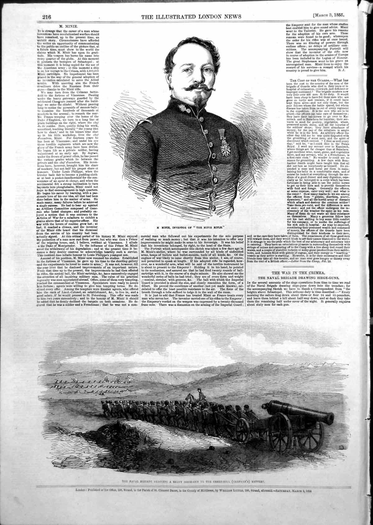 Antique Print M Minie Inventor Rifle Naval Brigade Dragging Siege Gun 1855 19th