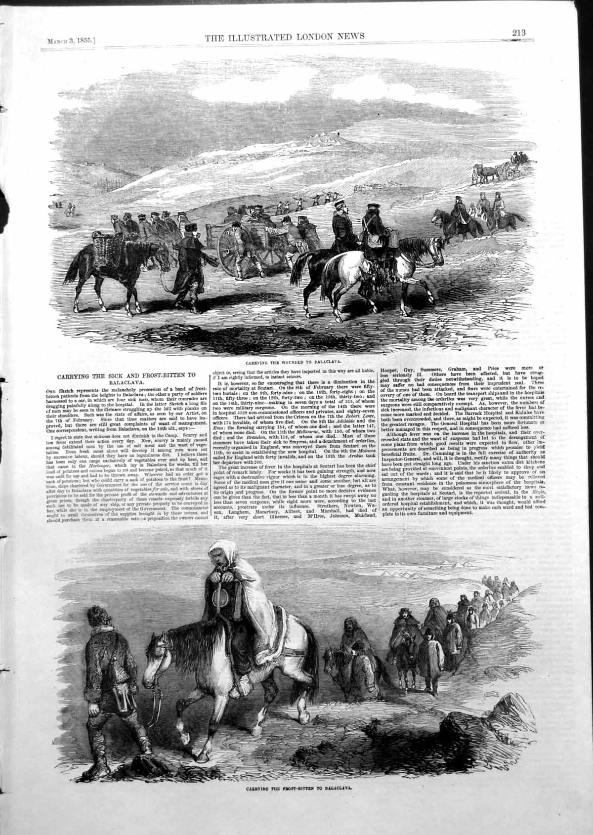 Original Old Antique Print Carrying Wounded Frost Bitten Balaclava 1855 19th