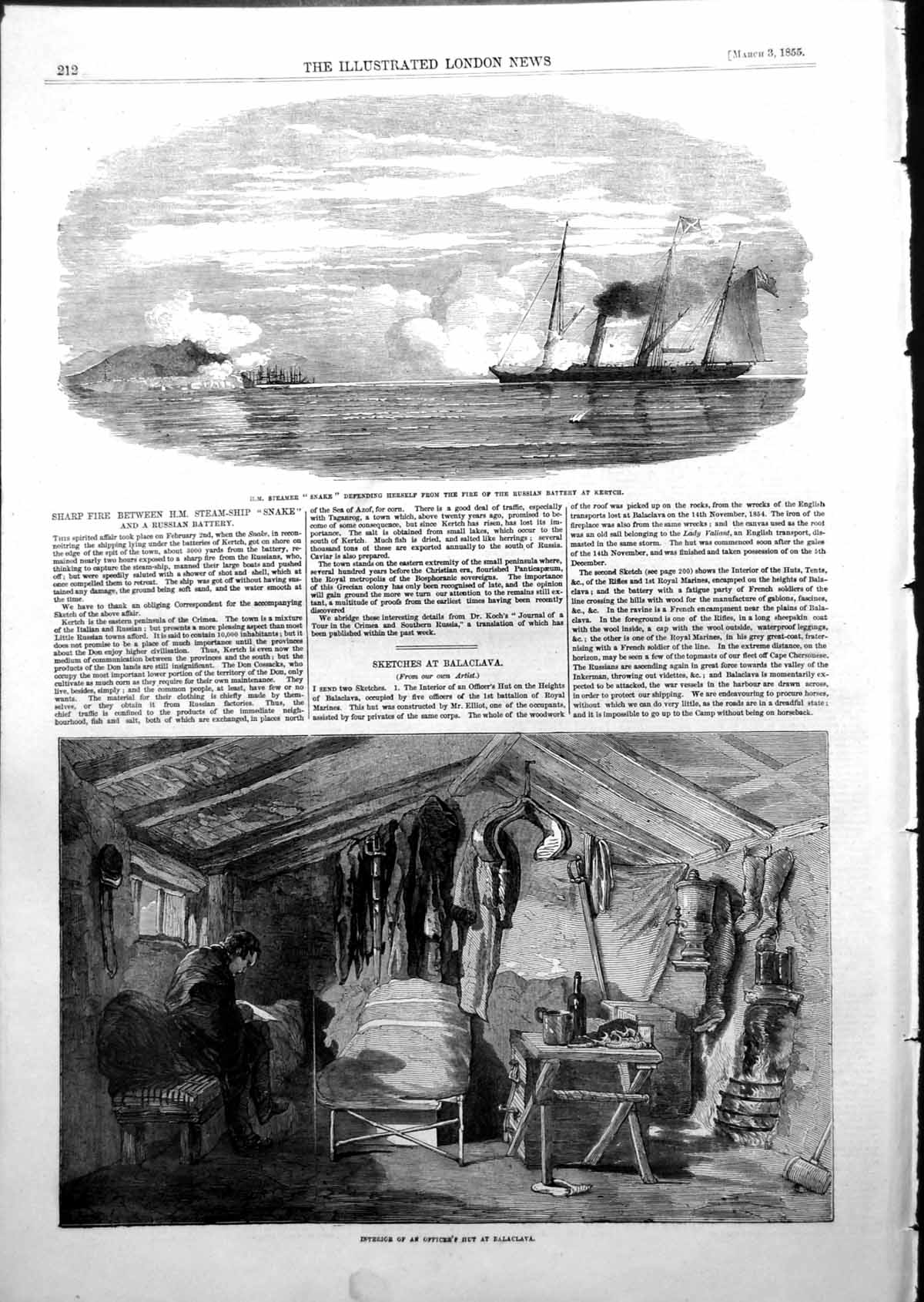 Antique Print Hm Steamer Snake Defending Kertch Officers Hut Balaclava 1855