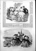 Original Old Antique Print Headschin Palace Prague Paris Fashions March 1855