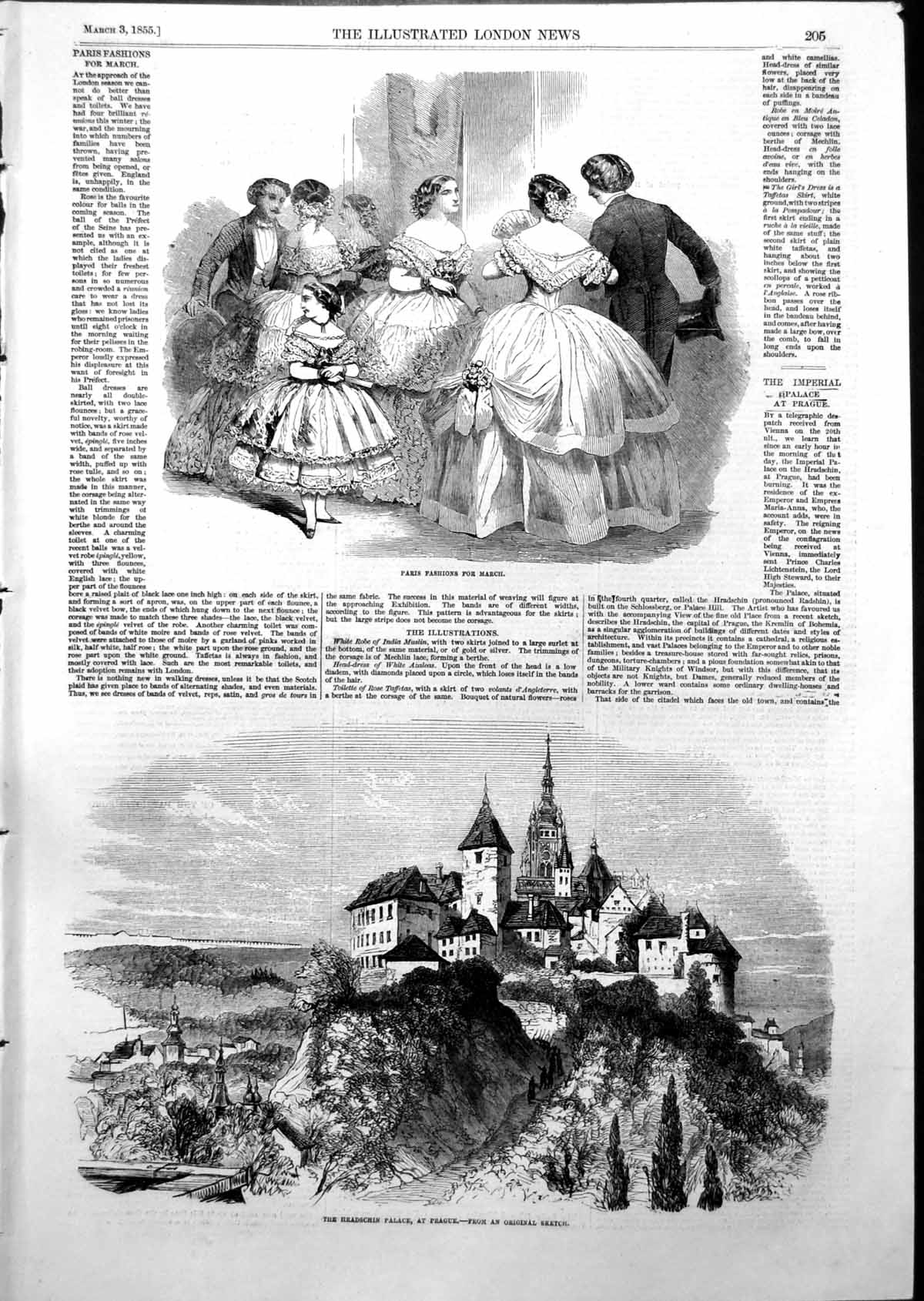 Original Old Antique Print Headschin Palace Prague Paris Fashions March 1855