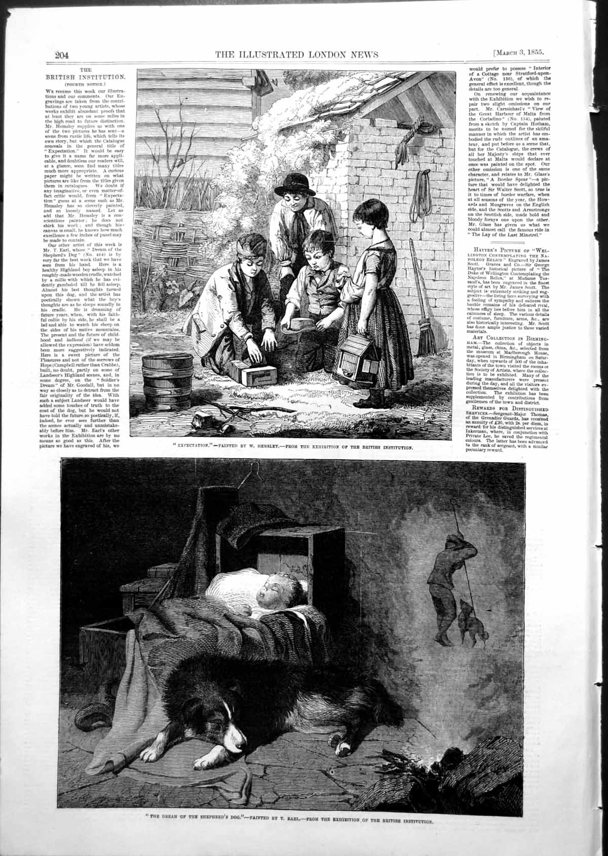 Old Antique Print Expectation W Hemsley Dream Shepherds Dog T Earl 1855 19th