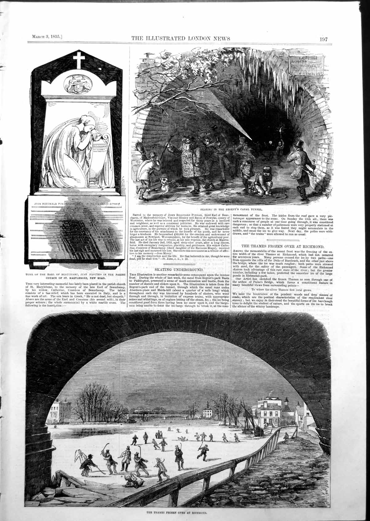 Antique Old Print Skating Regents Canal Tunnel Thames Frozen Richmond 1855 19th