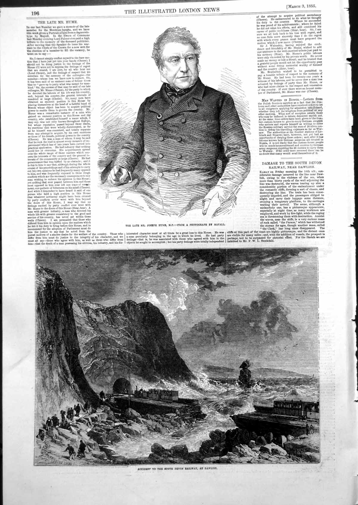 Antique Old Print Joseph Hume Mp Accident South Devon Railway Dawlish 1855 19th