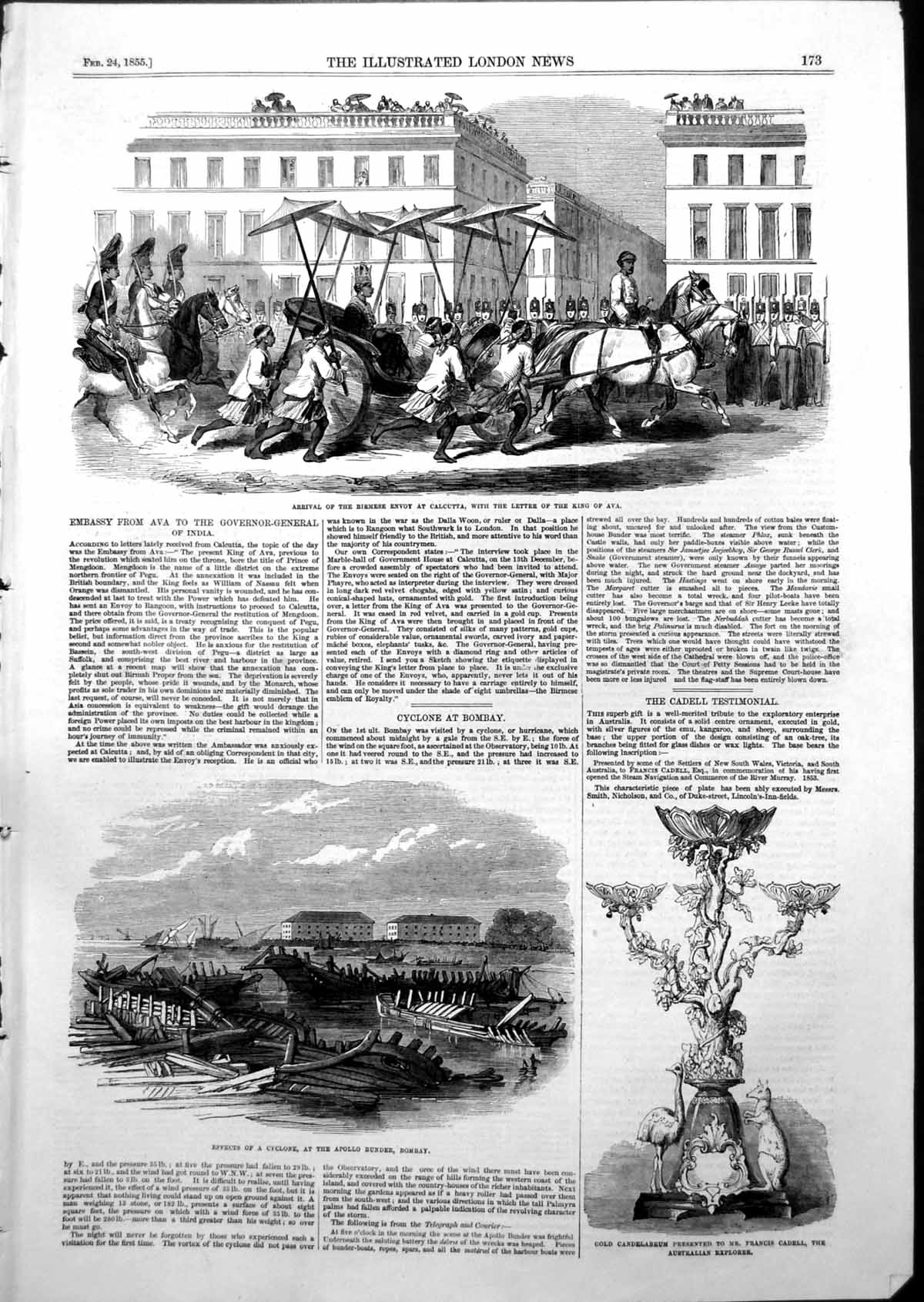 Antique Old Print Birmese Envoy Calcutta Letter King Ava Cyclone Bombay 1855