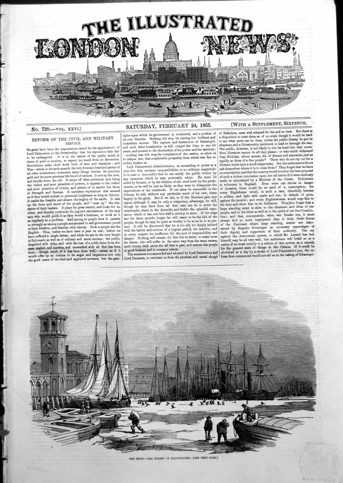 Original Old Antique Print Frost Thames Billinsgate Floating Masses Ice 1855
