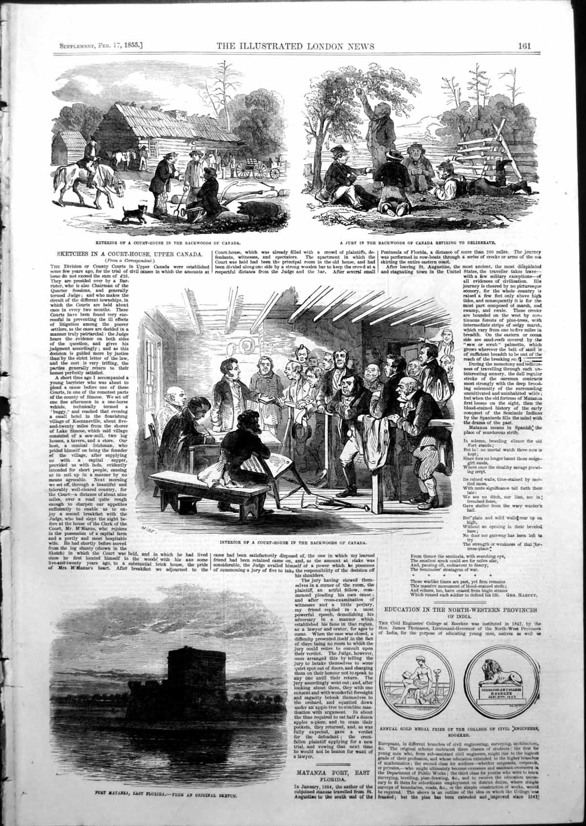 Antique Print Court House Backwoods Canada Fort Matanza Florida 1855 Ref.2 19th
